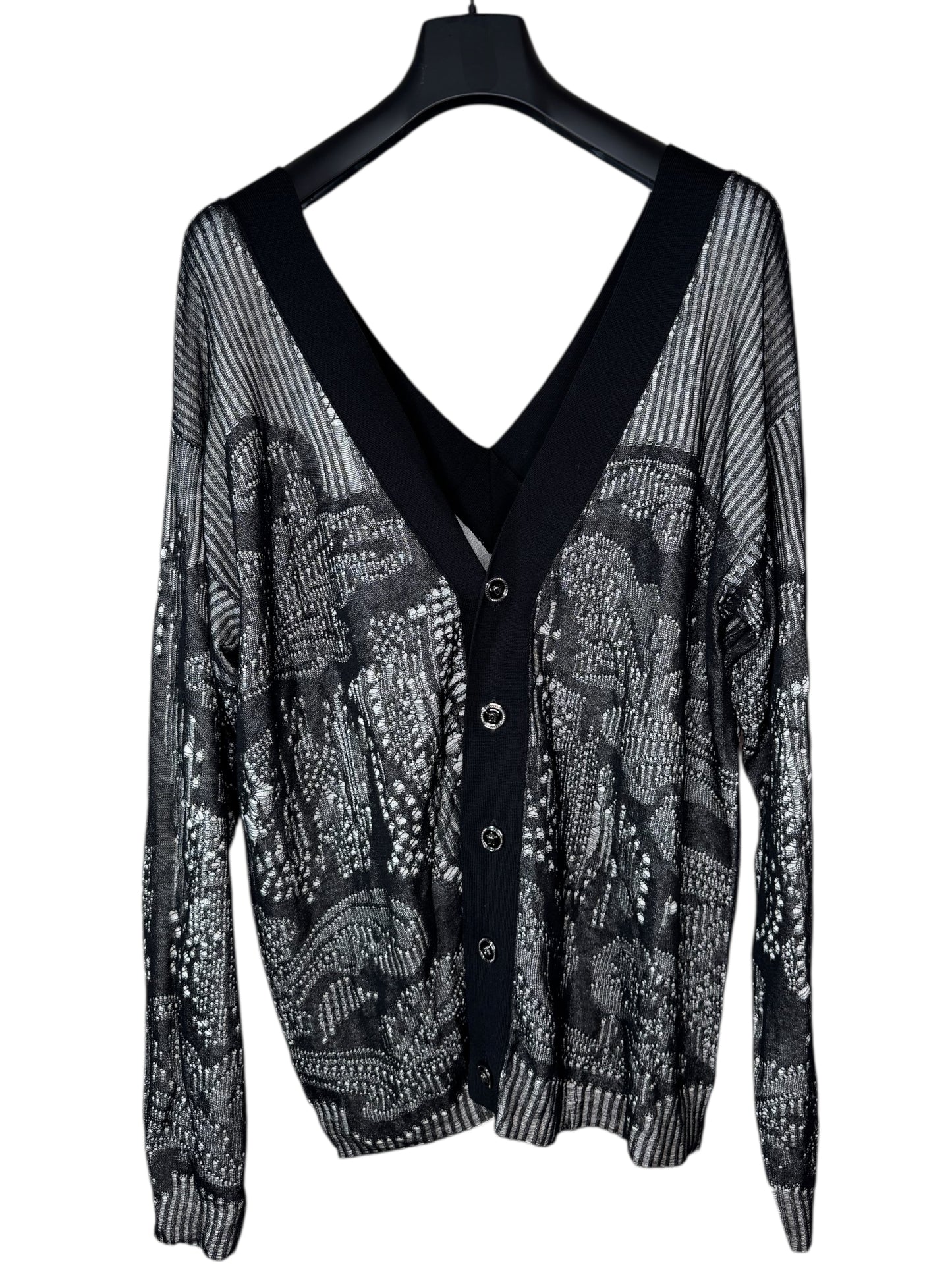 Cardigan Versace nero in cotone traforato lavorazione a punti caduti