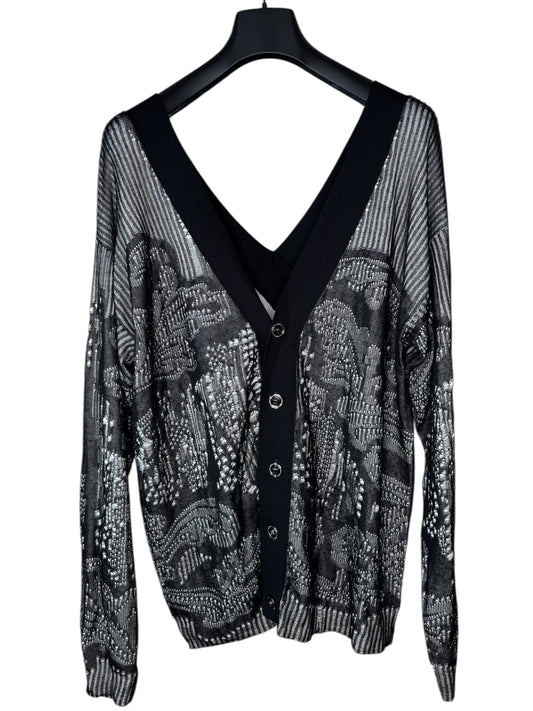 Cardigan Versace nero in cotone traforato lavorazione a punti caduti