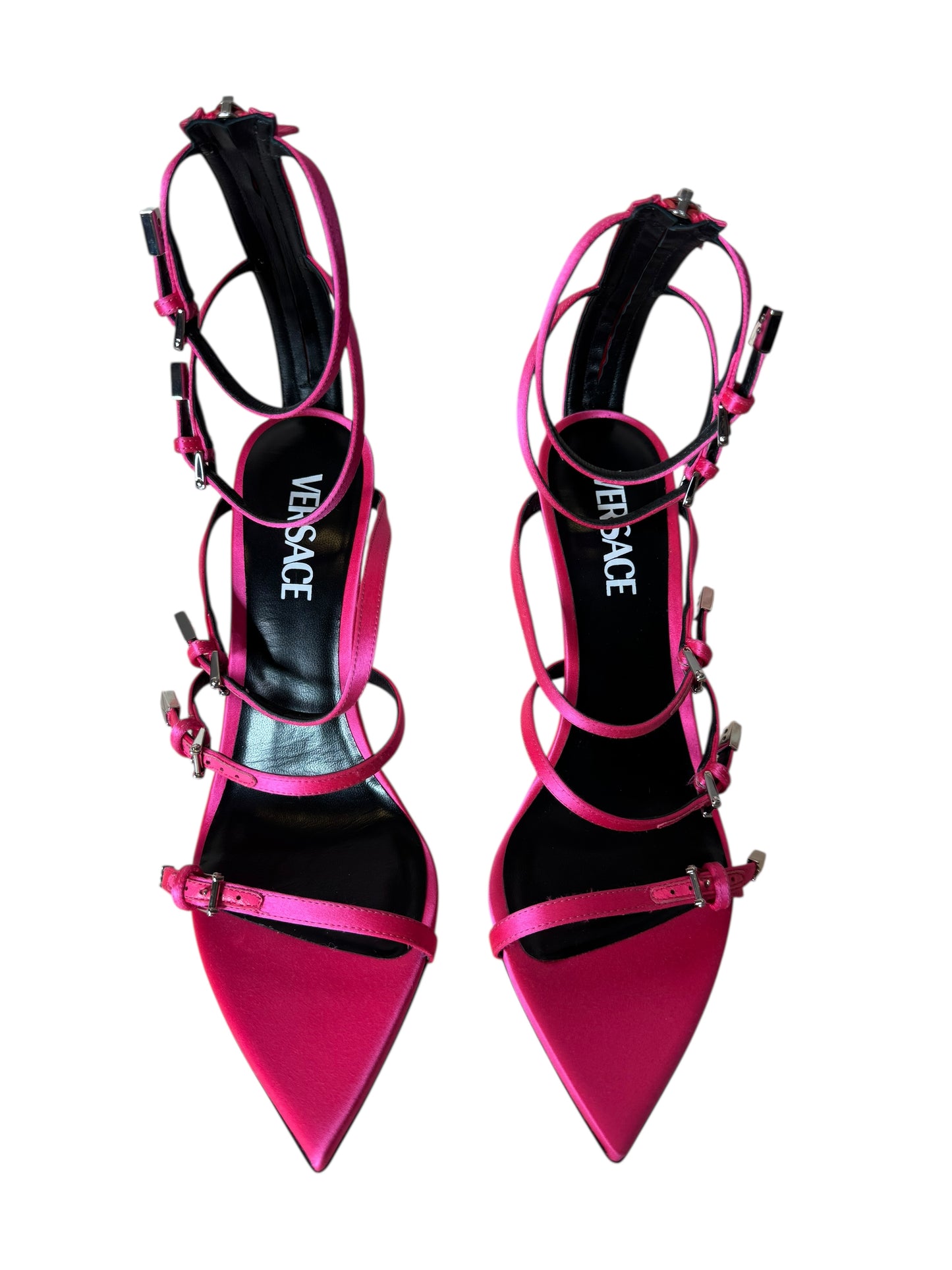 Sandali donna Versace satinati fucsia con tacco a spillo in metallo – Taglia 40
