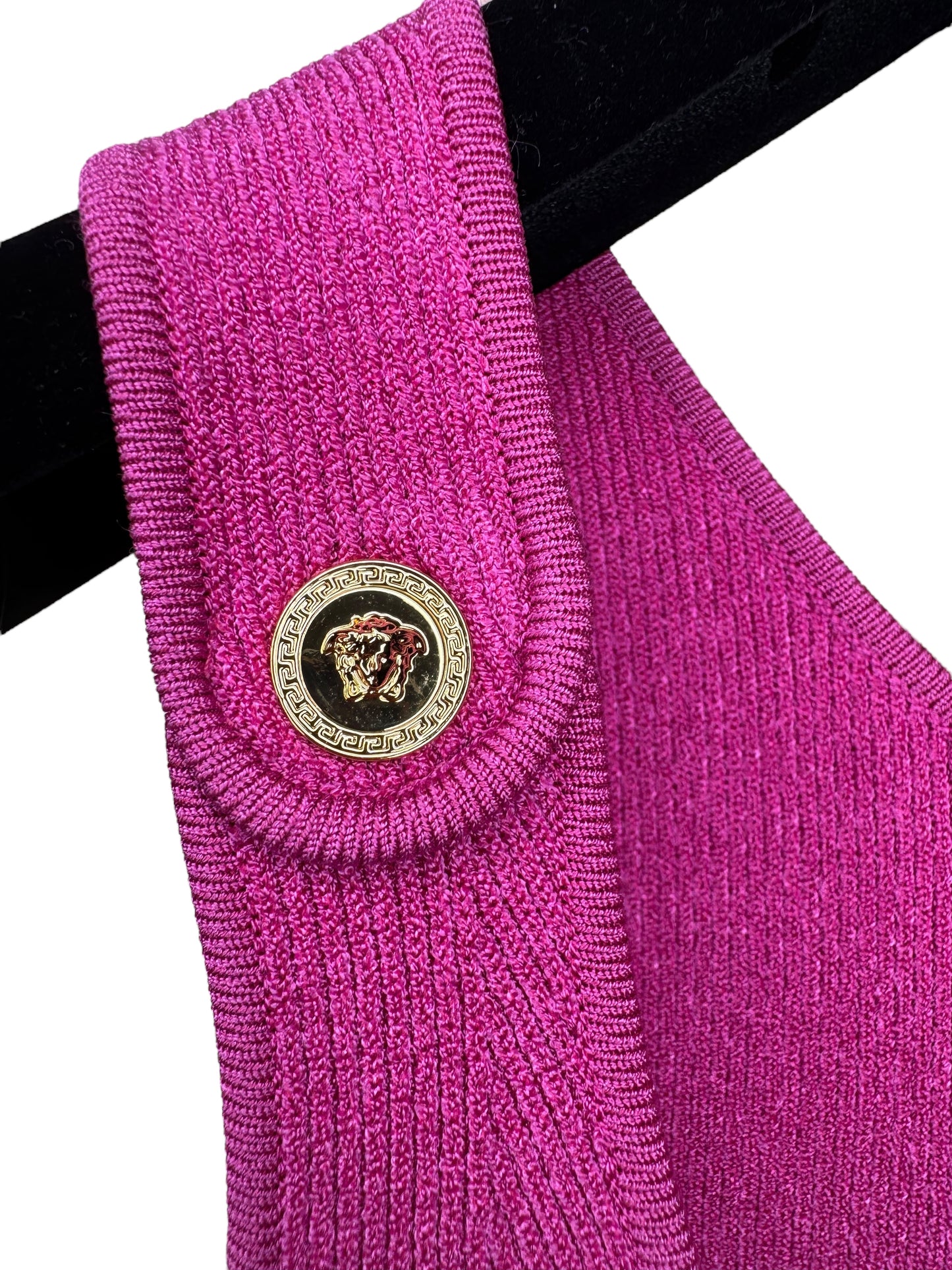 Vestito Versace fucsia in maglia stretch con bottoni Medusa dorati – Taglia IT 38