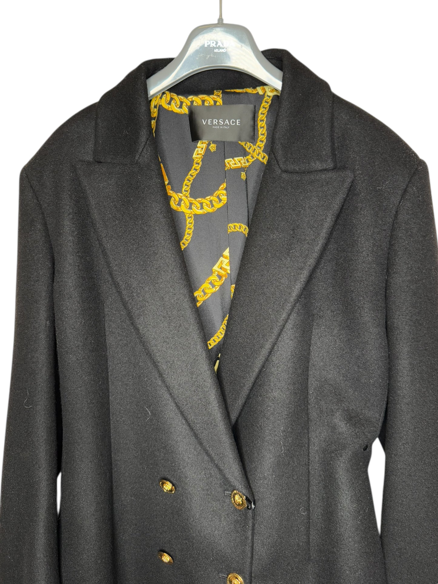 Cappotto doppiopetto uomo Versace nero lana tg. 50 bottoni Medusa oro