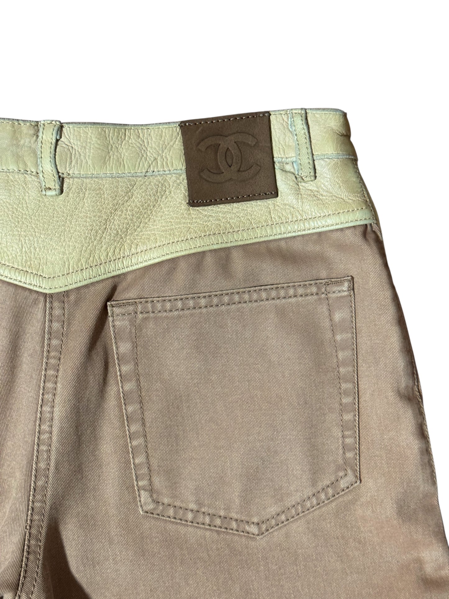 Chanel Pantaloni Donna Flare Cotone Beige con Inserti Ecopelle – FR 36 (IT 40)