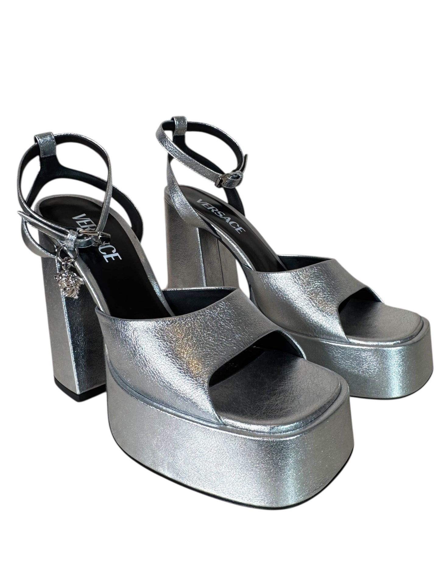 Versace Platform Sandals Argento – Tacco Alto con Ciondolo Medusa – Made in Italy - taglia 37,5