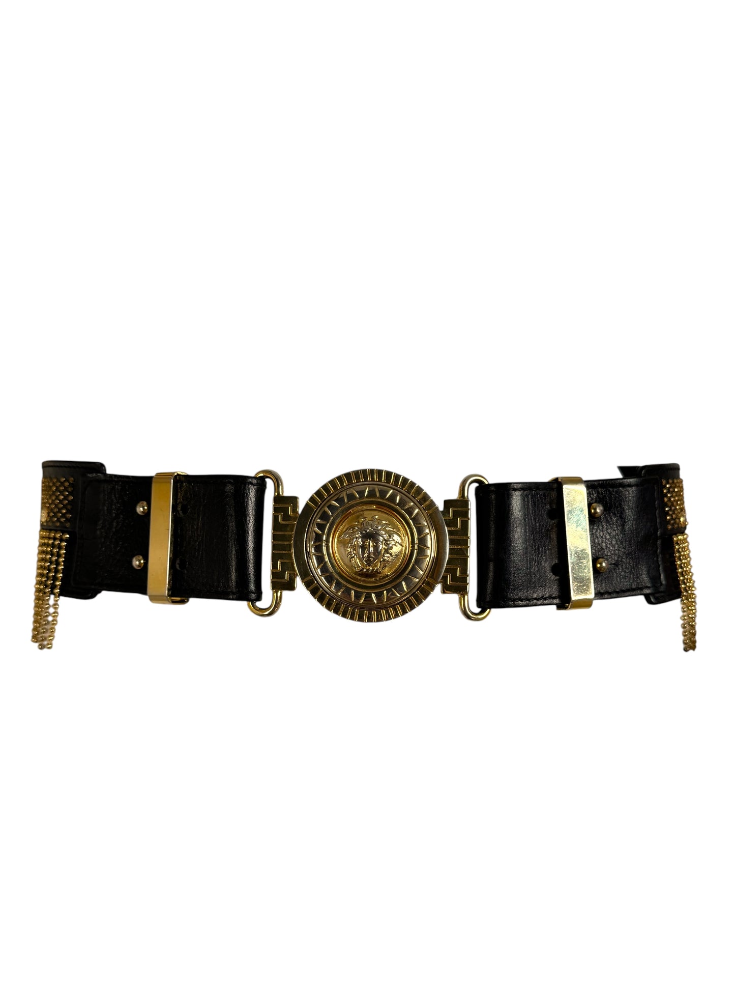 Gianni Versace Cintura Vintage Anni ‘90 in Pelle con Medusa e Frange Dorate