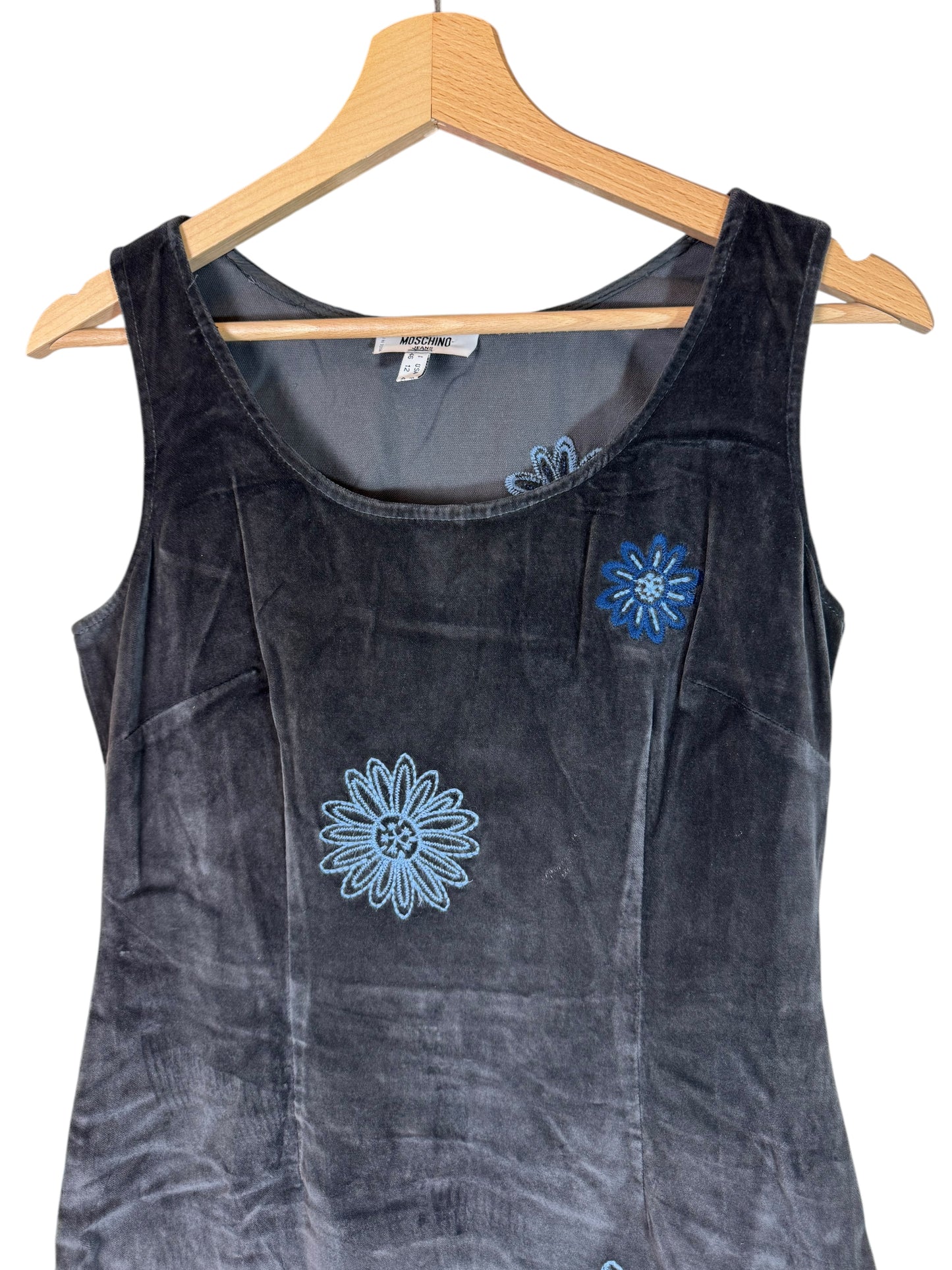 MOSCHINO JEANS - Abito Vintage in Velluto con Ricami Floreali Blu (46)