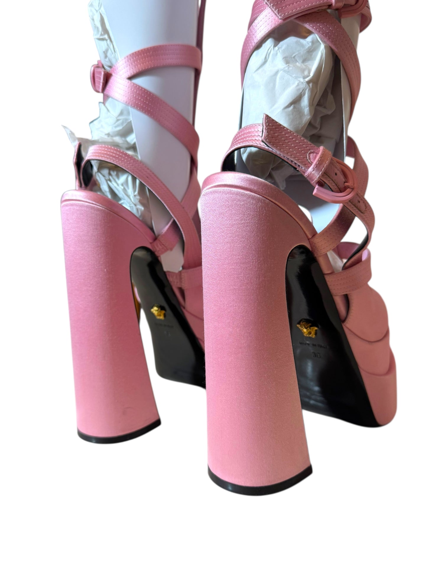 Sandali platform Versace in raso rosa – Modello Medusa Aevitas – Taglia 38 – Made in Italy