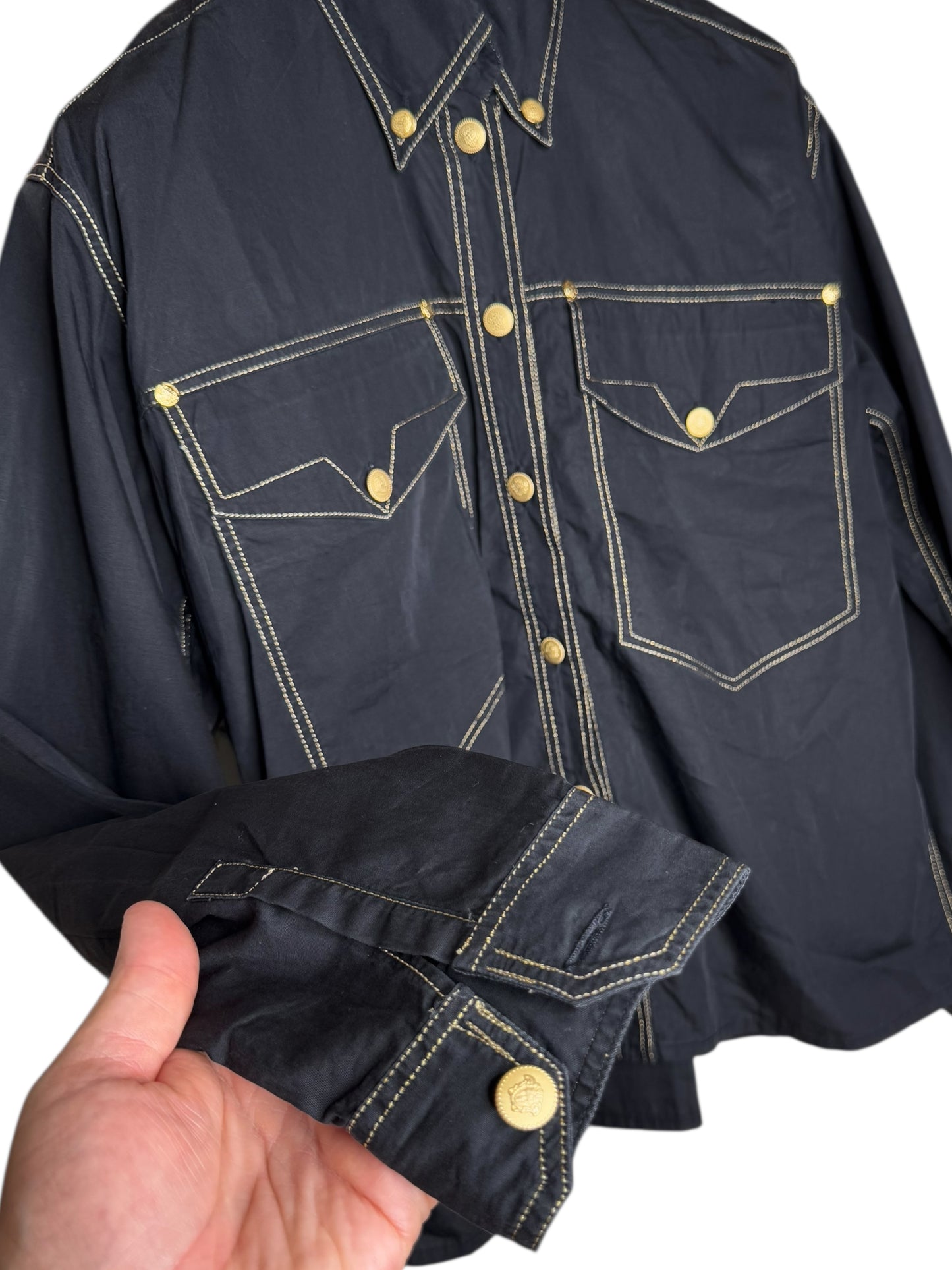 Camicia Vintage Versace Jeans Signature Nera – Bottoni Oro Medusa – Made in Italy – Taglia S