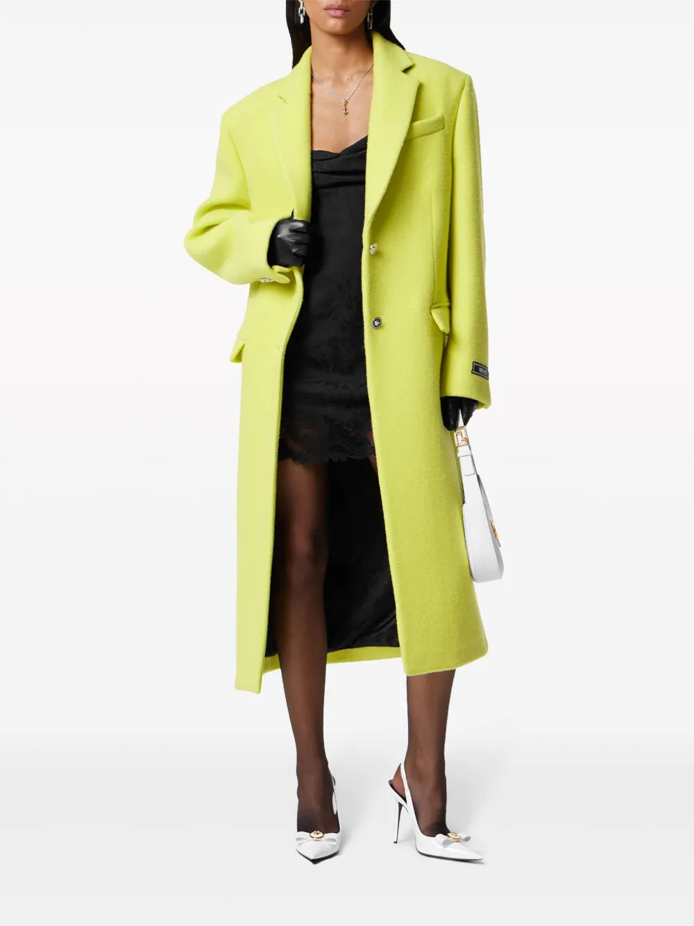 Cappotto lungo Versace giallo fluo in lana con bottoni argento
