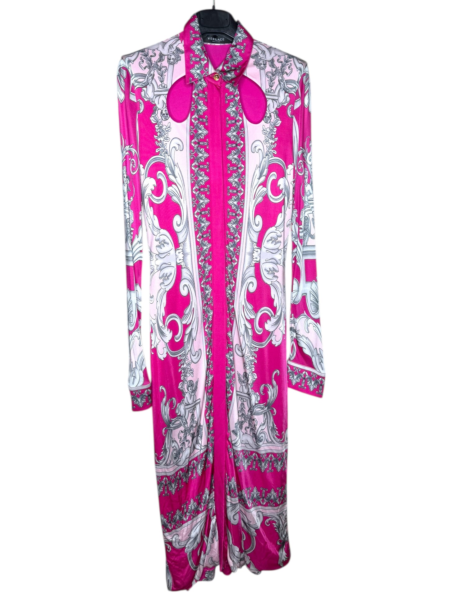 Abito chemisier Versace barocco rosa/fucsia stampa cherubini TG 40 – Nuovo