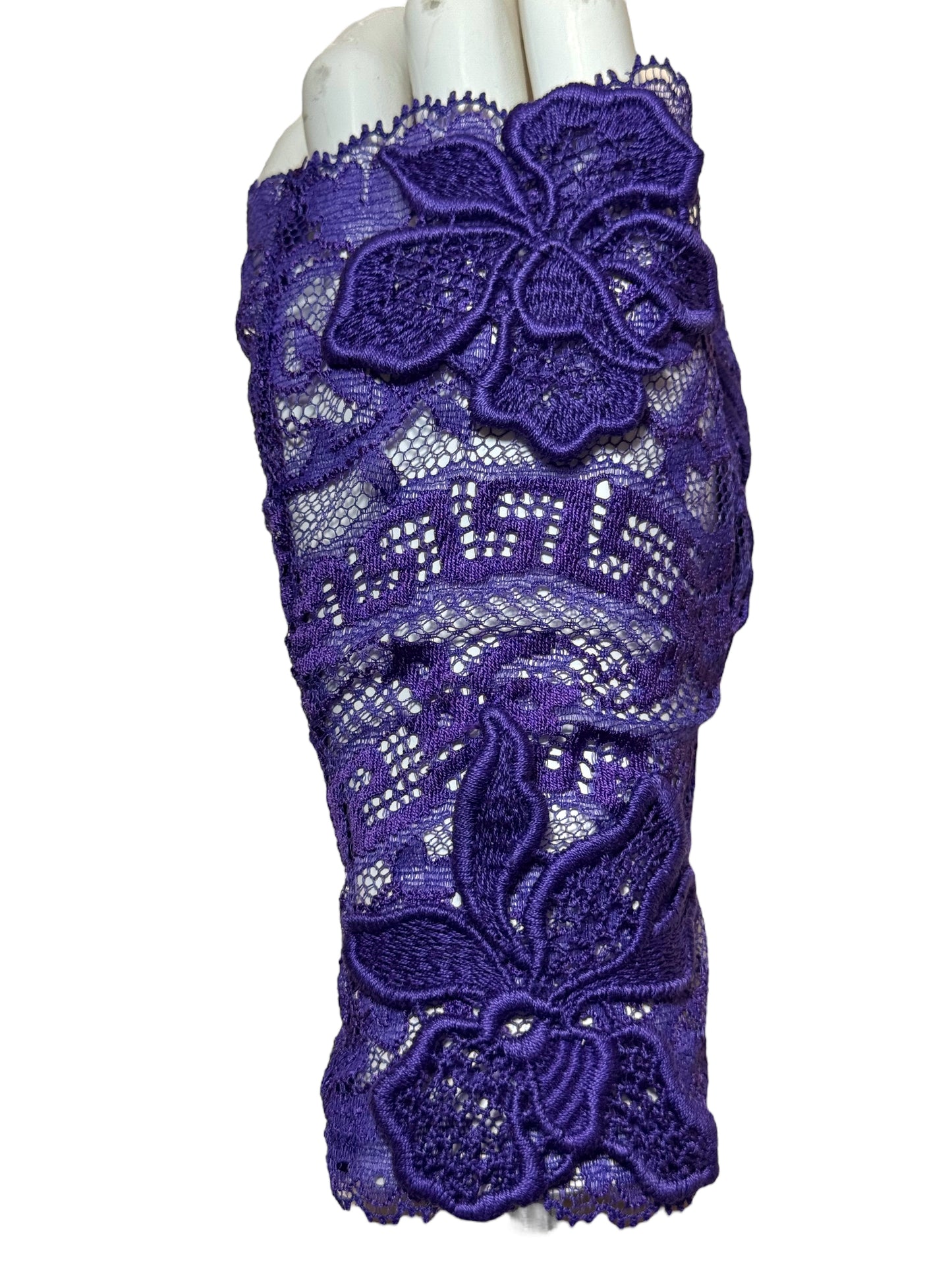 Guanti pizzo viola Versace – Ricamo floreale – Taglia 7,5 (M) Made in Italy