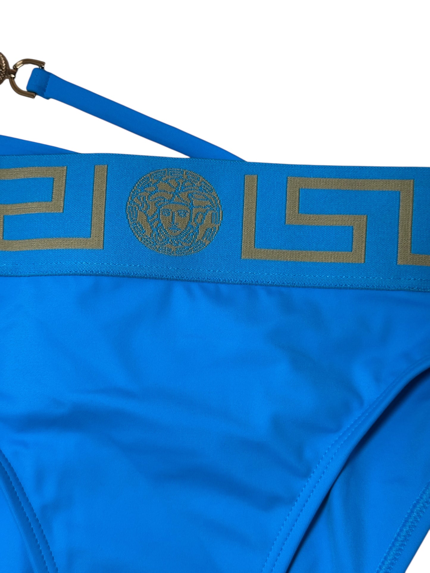 Slip Bikini Versace Donna Azzurro – Greca e Medusa con Cinturino, Taglia 1, Made in Italy