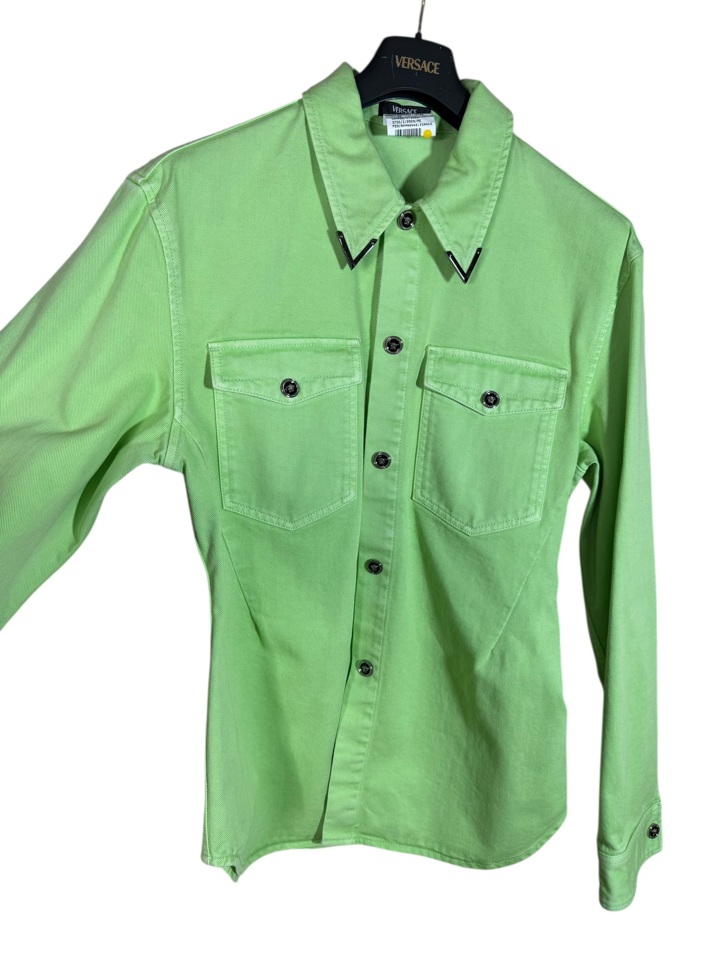 Camicia Giacca Versace in denim verde lime con dettagli metallici