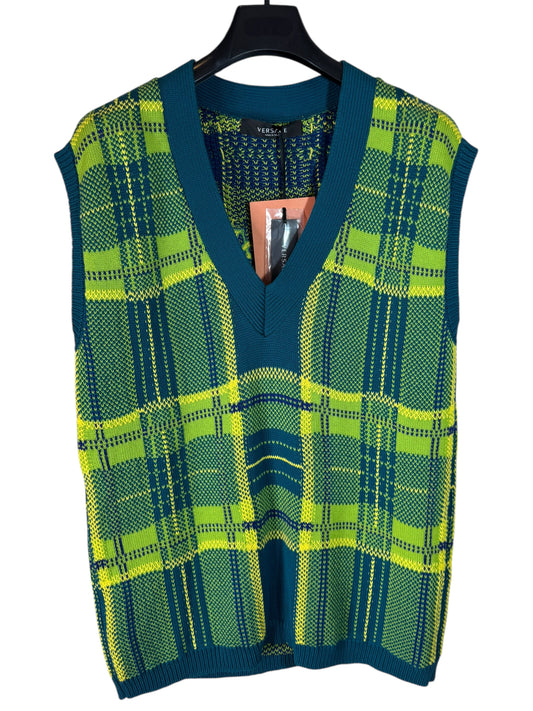 Versace gilet uomo check verde/blu con logo ricamato sul retro – Made in Italy.