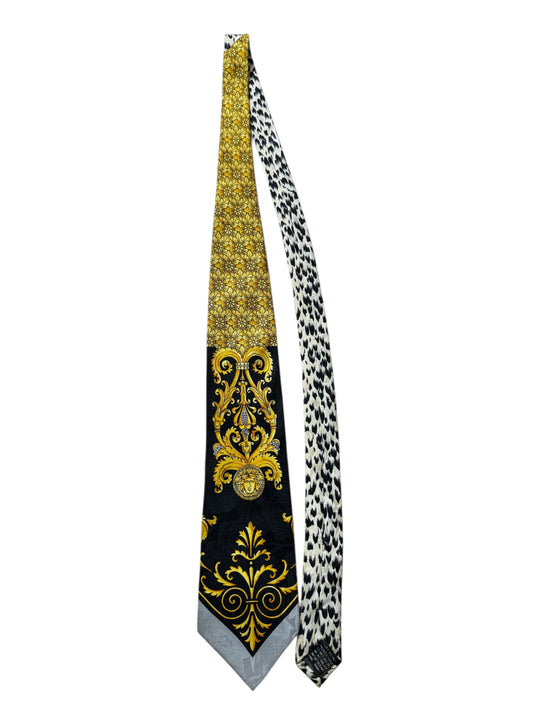 Cravatta Gianni Versace vintage seta nera oro con Medusa e motivo leopardato