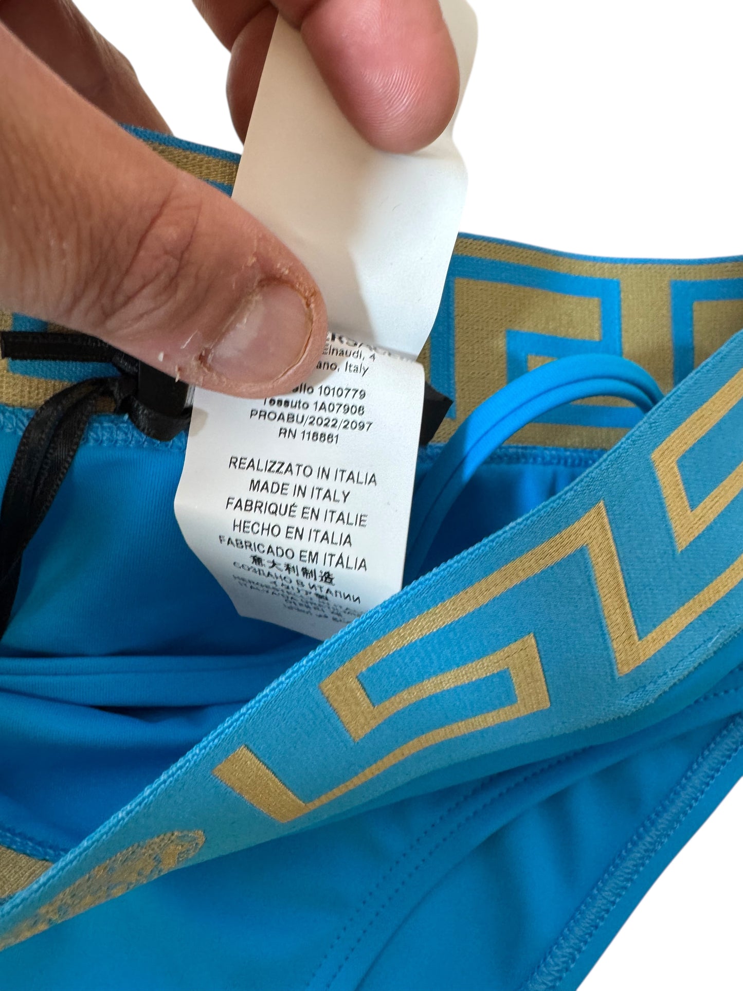 Slip Bikini Versace Donna Azzurro – Greca e Medusa con Cinturino, Taglia 1, Made in Italy