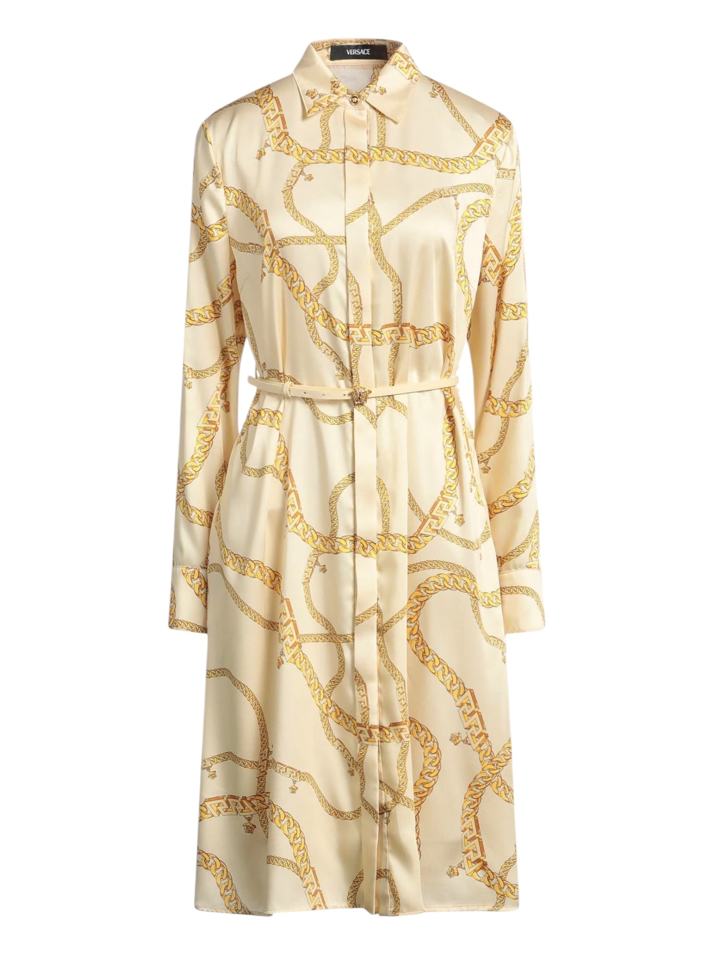Abito chemisier midi Versace stampa catena oro con cintura Medusa, Made in Italy