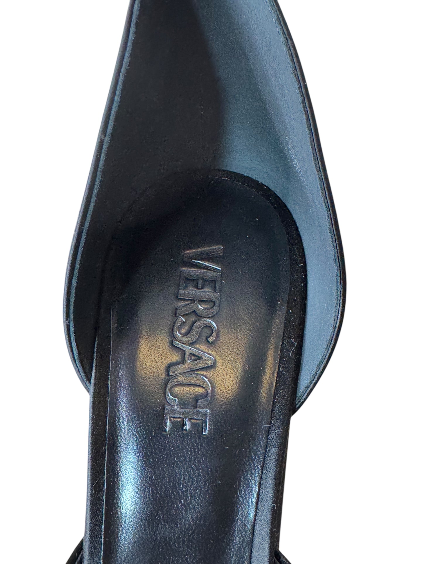 Versace Décolleté in Raso Nero con Plateau, Tacco Largo e Cinturino Gioiello – Taglia 40