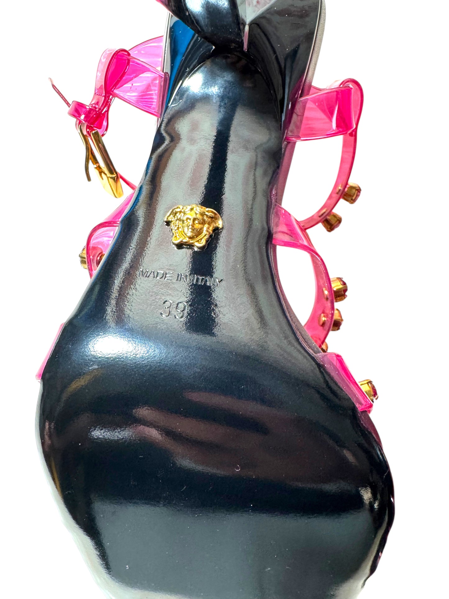 Sandali Versace in PVC rosa con cristalli e borchie Medusa – Taglia 39 IT – Made in Italy