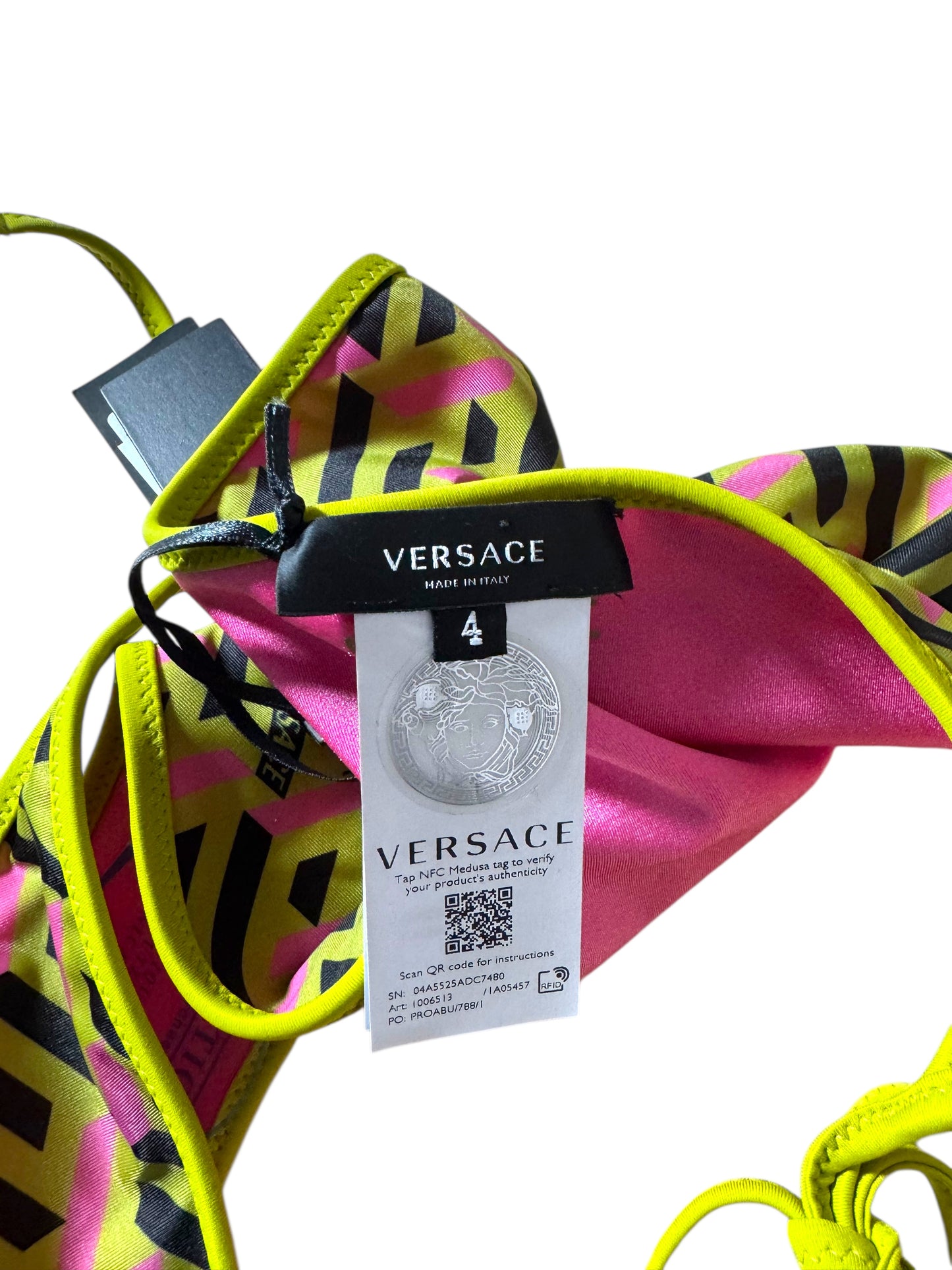 Slip Bikini Donna Versace con Lacci – Fantasia Geometrica Rosa/Giallo Fluo – Taglia 4