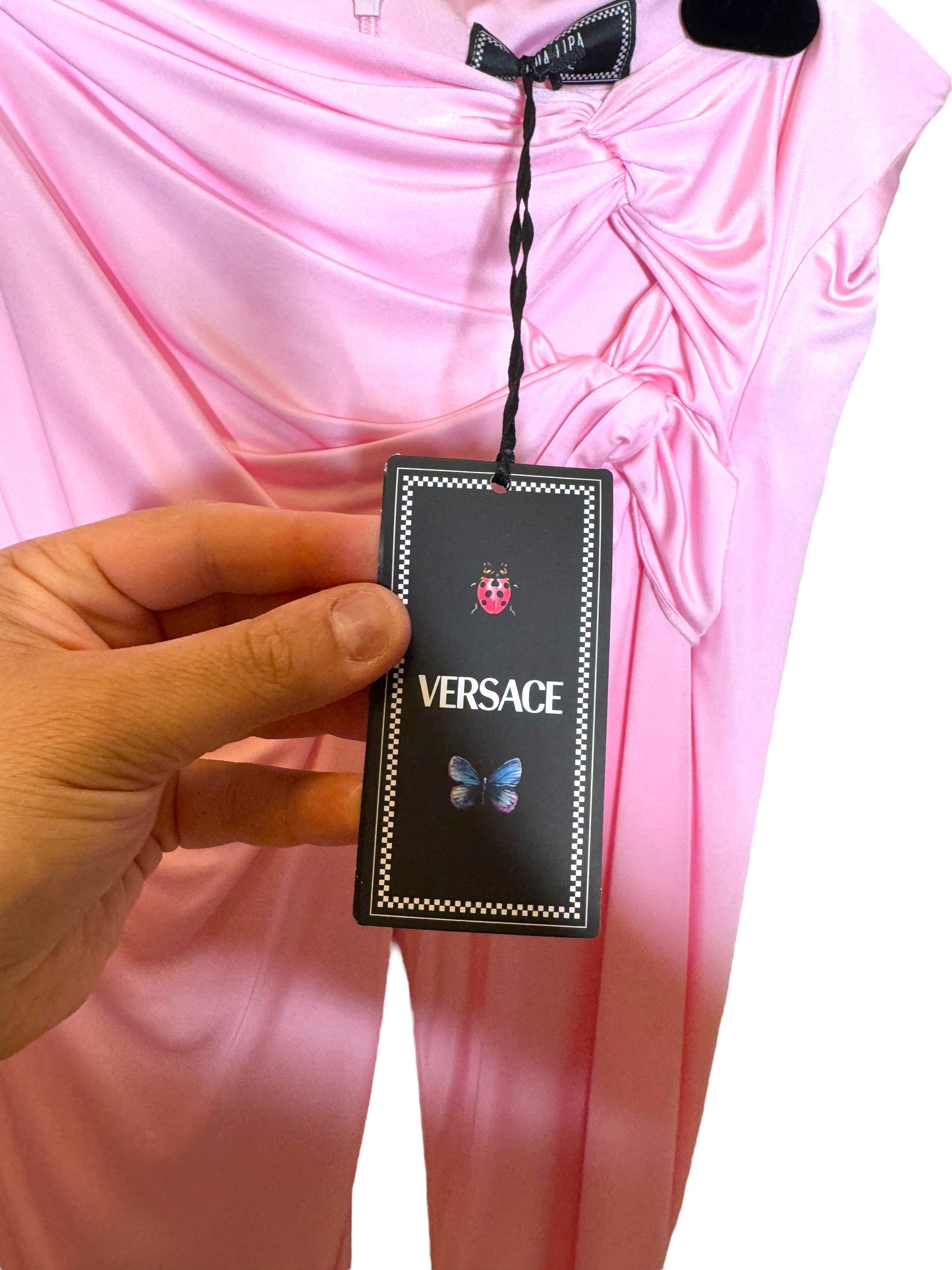 Versace x Dua Lipa Pantaloni Flare Rosa con Drappeggio Vita – Taglia 42