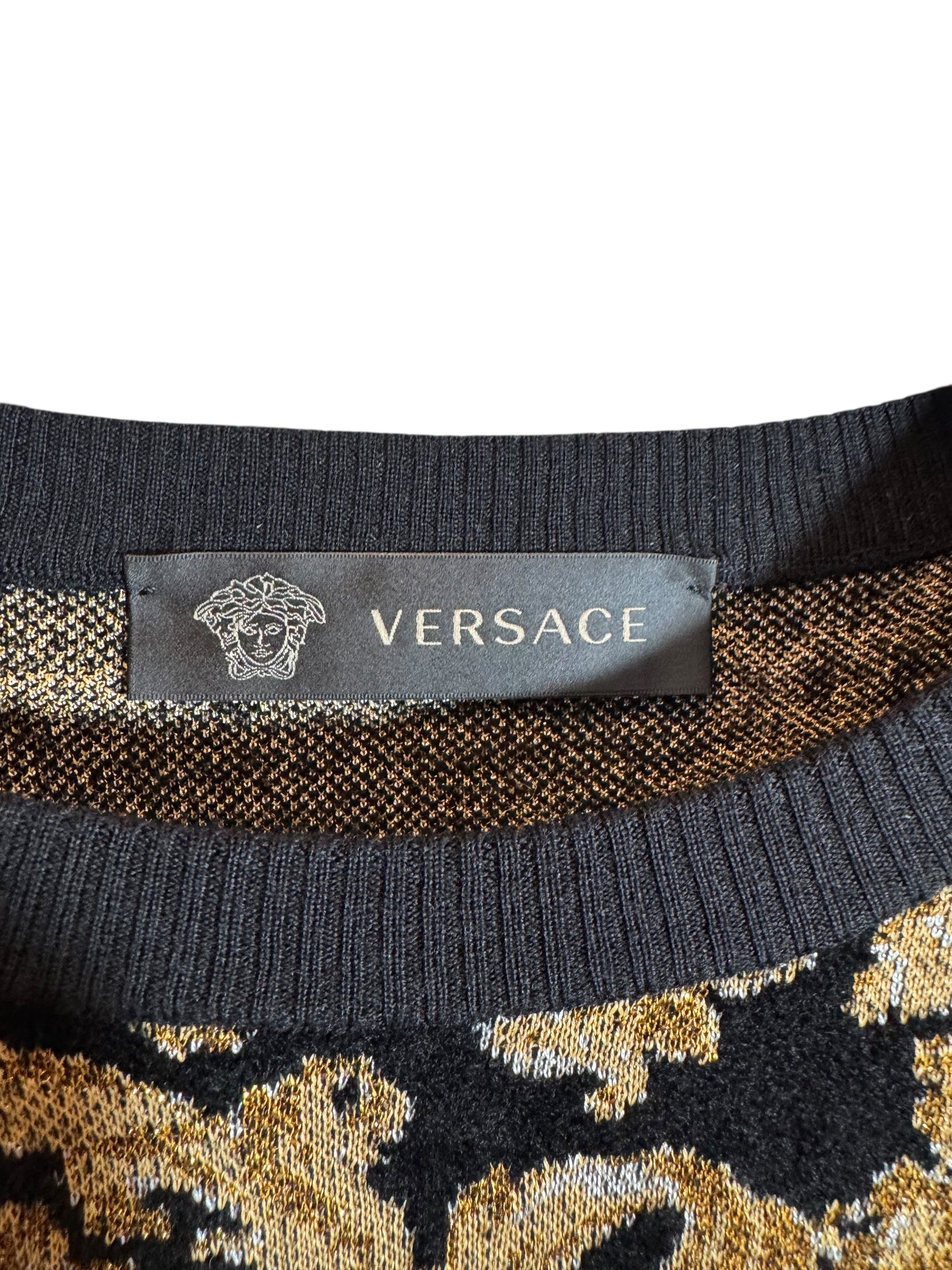 Versace maglia jacquard barocco e leopardato oro/nero – Uomo, Made in Italy