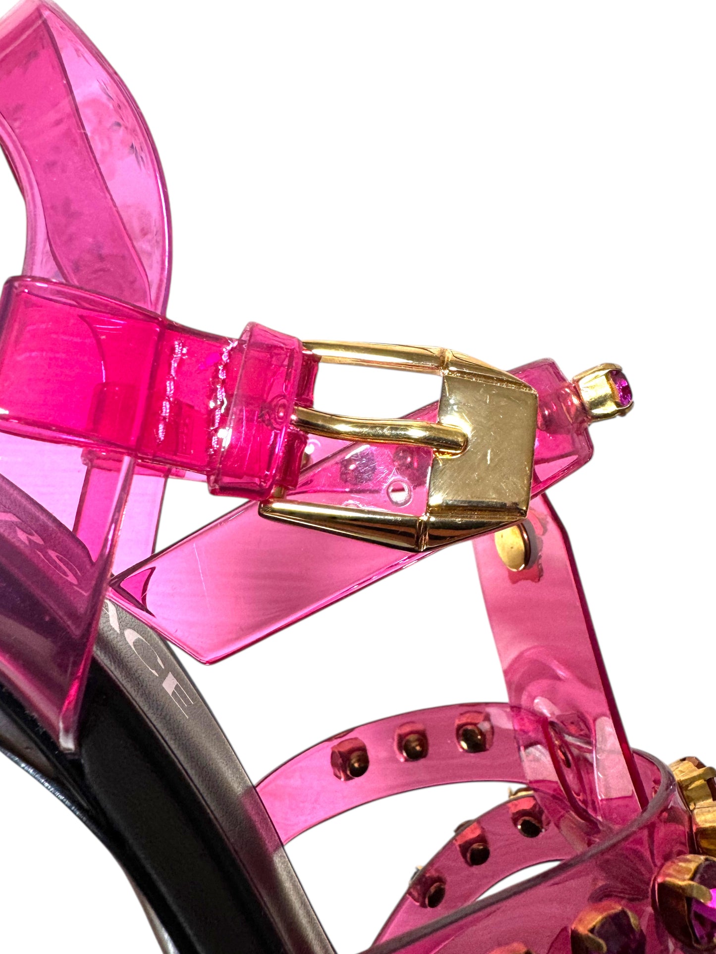 Sandali Versace in PVC rosa con cristalli e borchie Medusa – Taglia 39 IT – Made in Italy