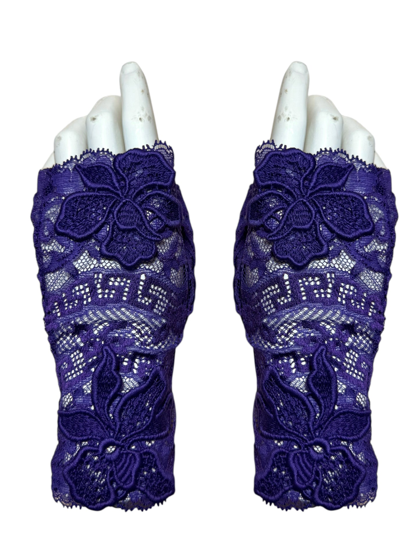Guanti pizzo viola Versace – Ricamo floreale – Taglia 7,5 (M) Made in Italy