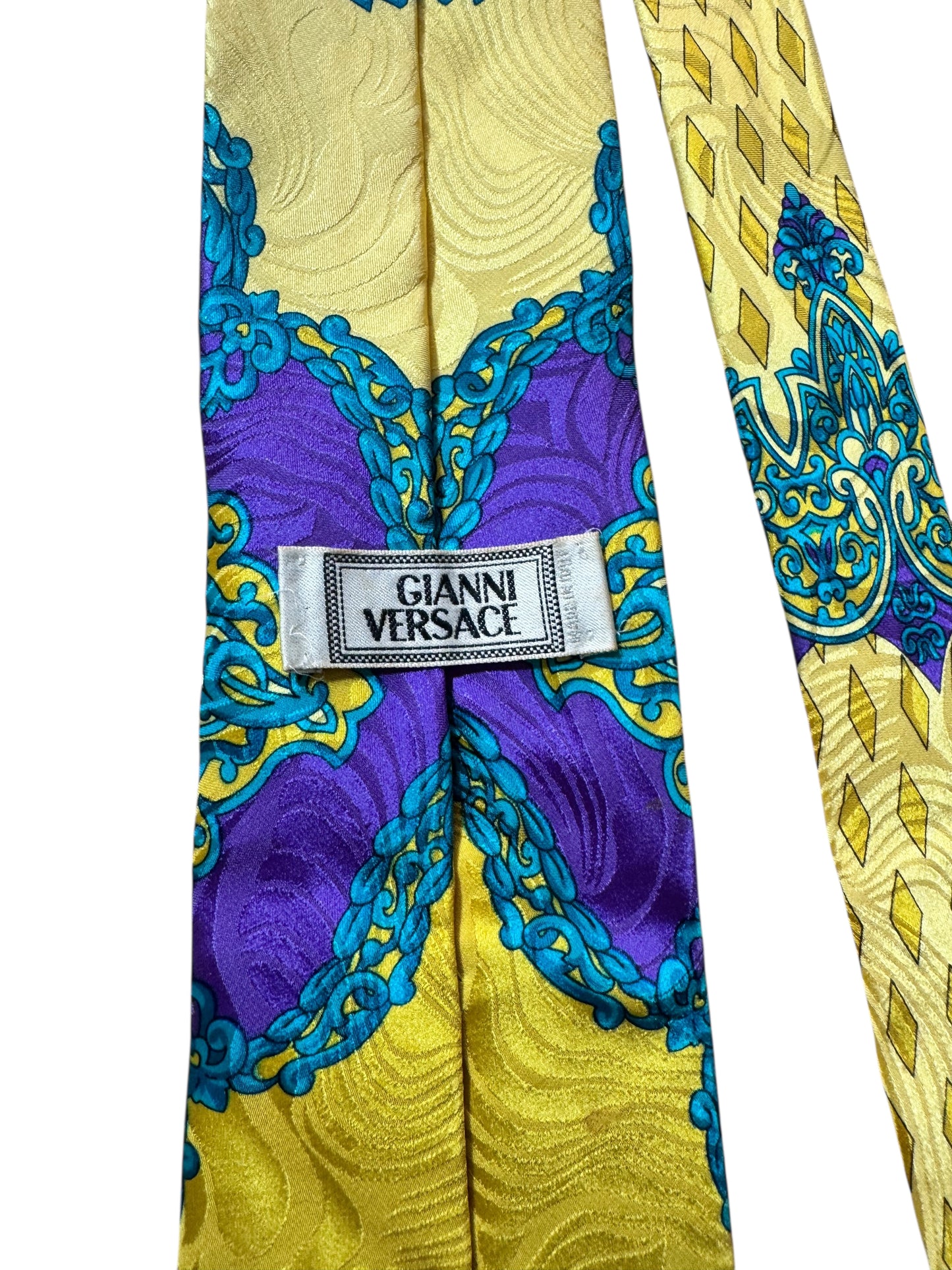 Cravatta Gianni Versace vintage seta stampa barocca giallo viola turchese
