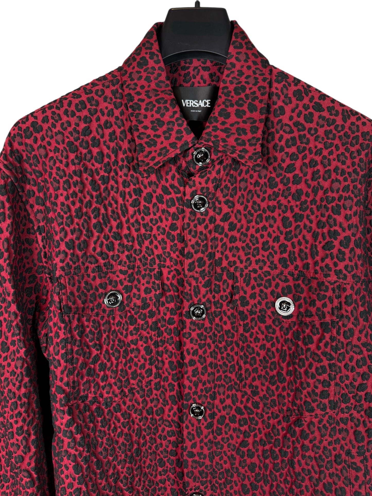 Giacca camicia Versace leopardata rosso/nero in cotone jacquard