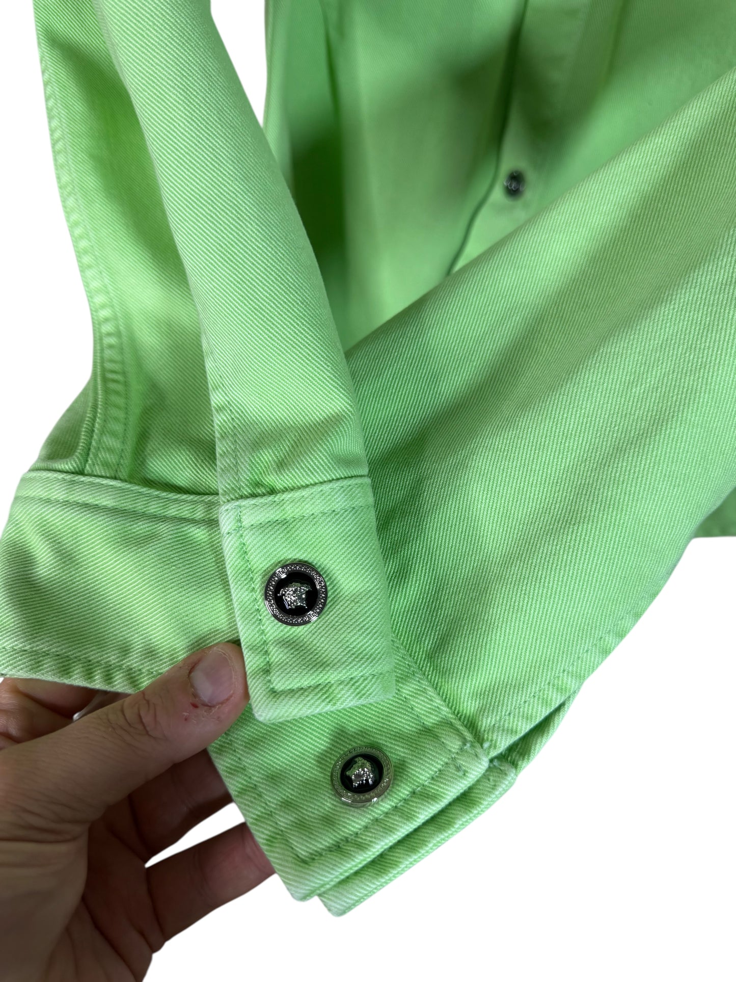 Camicia Giacca Versace in denim verde lime con dettagli metallici