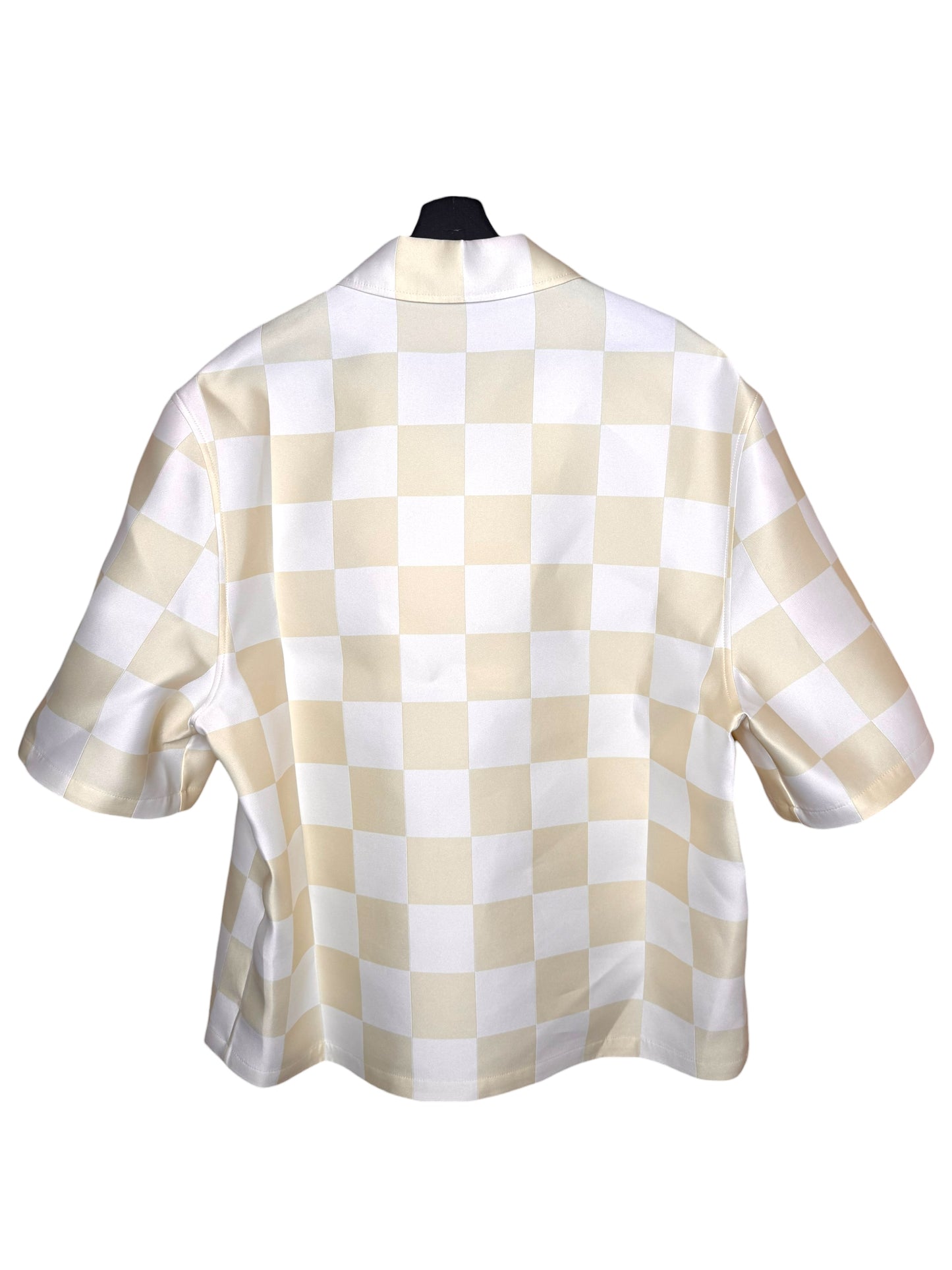 Polo Versace a scacchi misto seta duchesse, Made in Italy, nuova