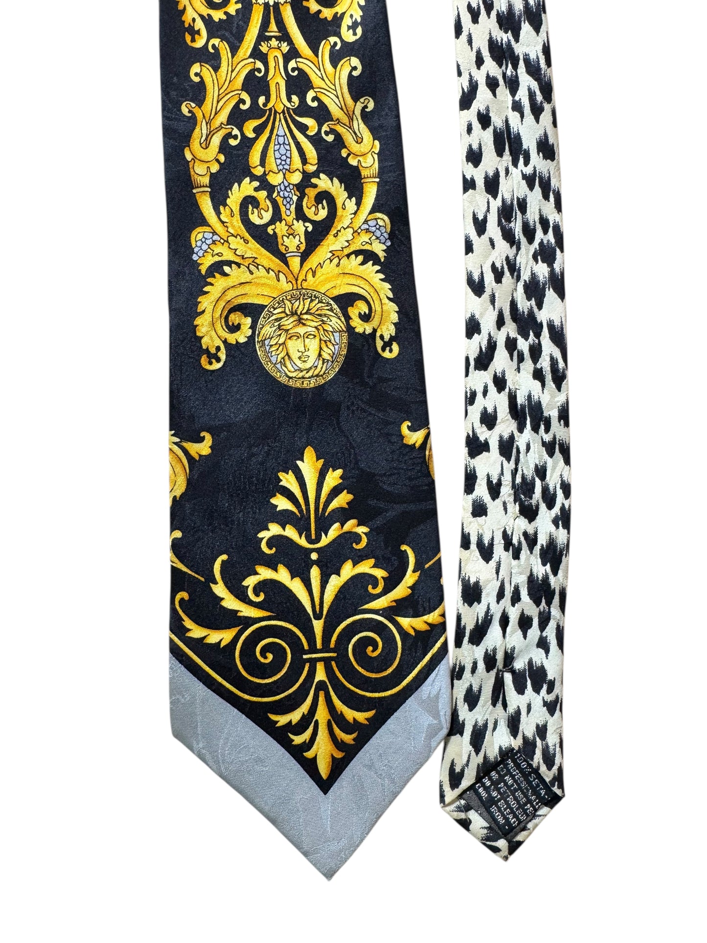 Cravatta Gianni Versace vintage seta nera oro con Medusa e motivo leopardato