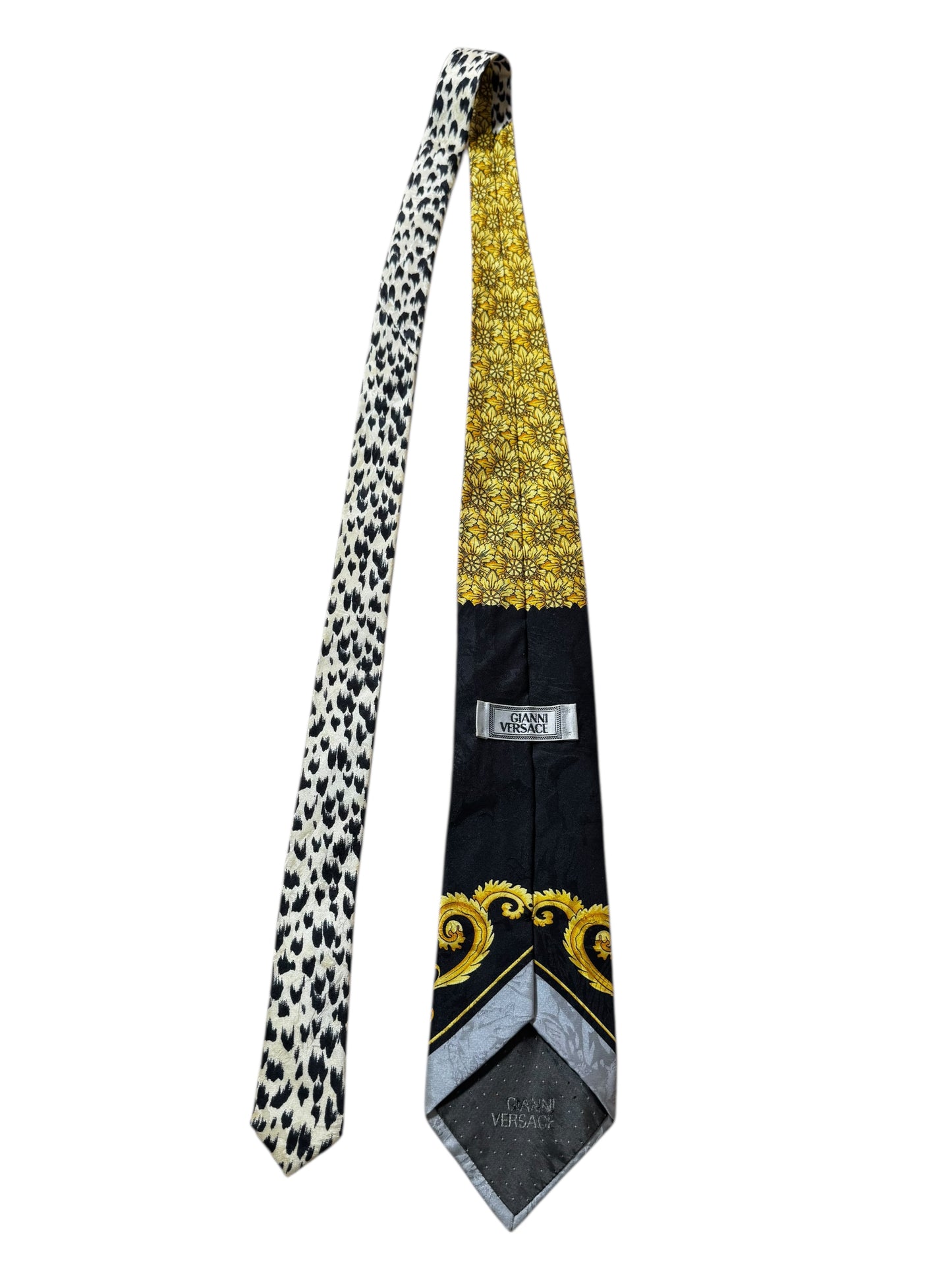 Cravatta Gianni Versace vintage seta nera oro con Medusa e motivo leopardato