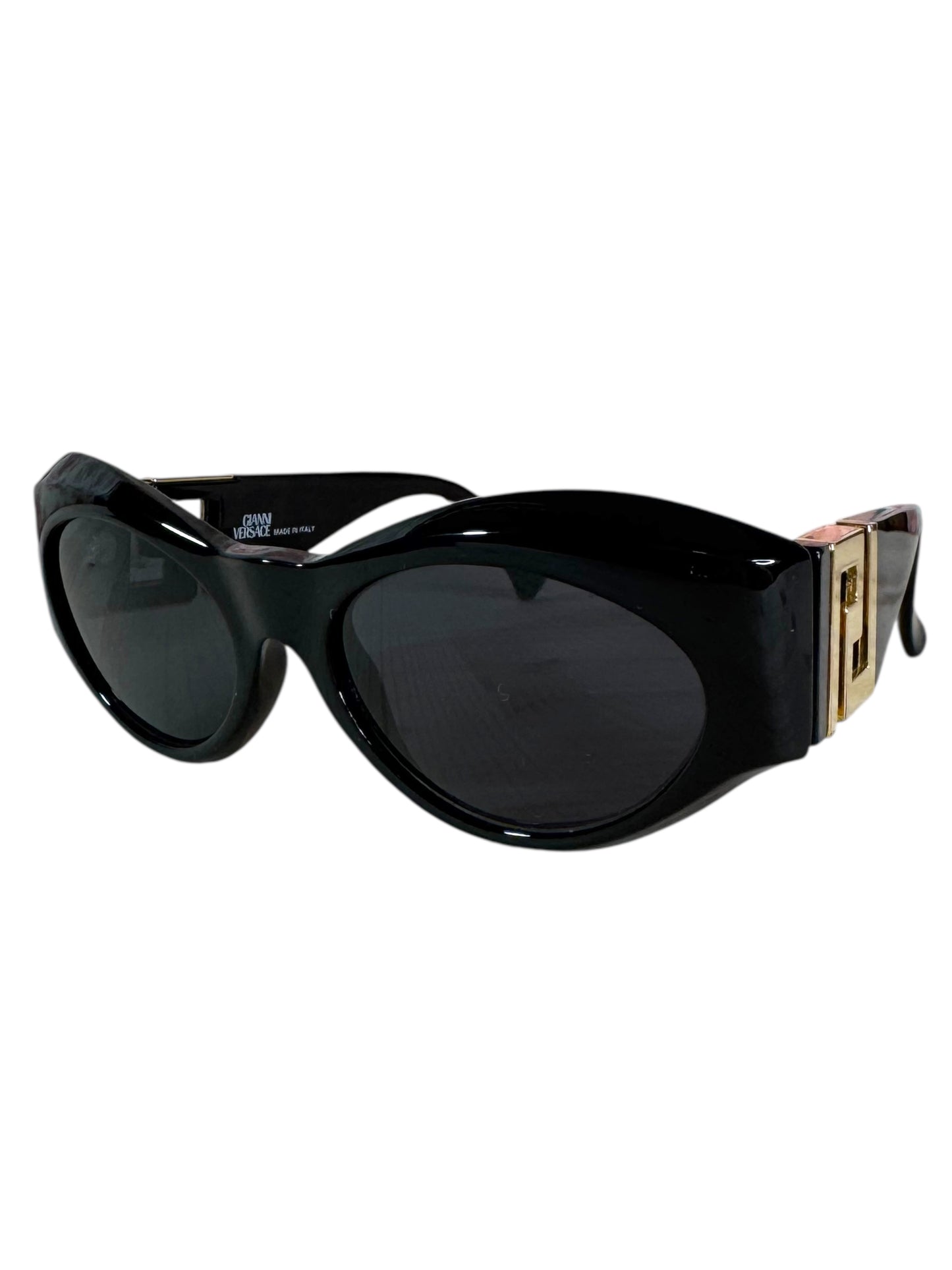 Occhiali da sole vintage Gianni Versace anni ’90 nero con logo Greca dorato