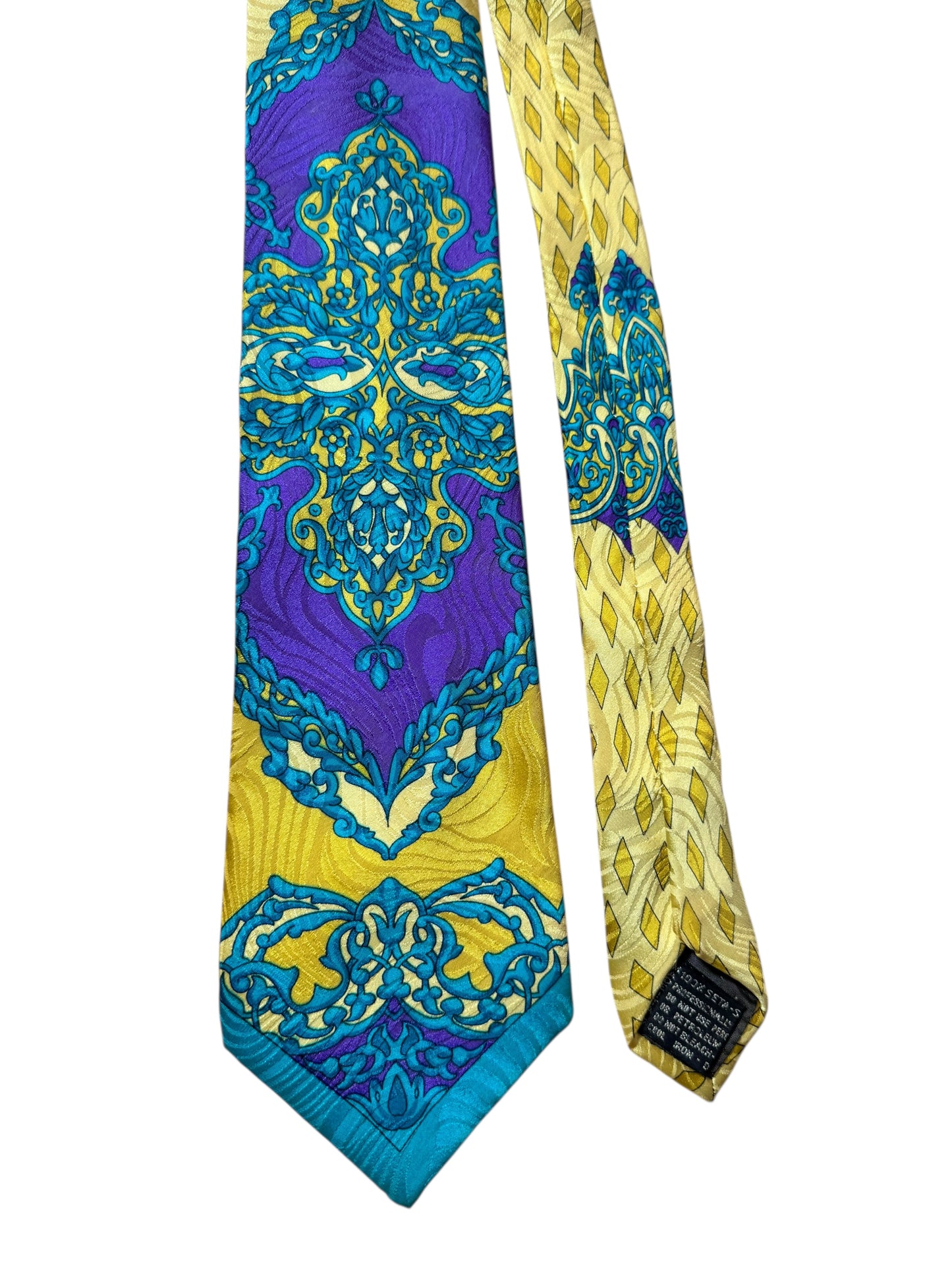 Cravatta Gianni Versace vintage seta stampa barocca giallo viola turchese