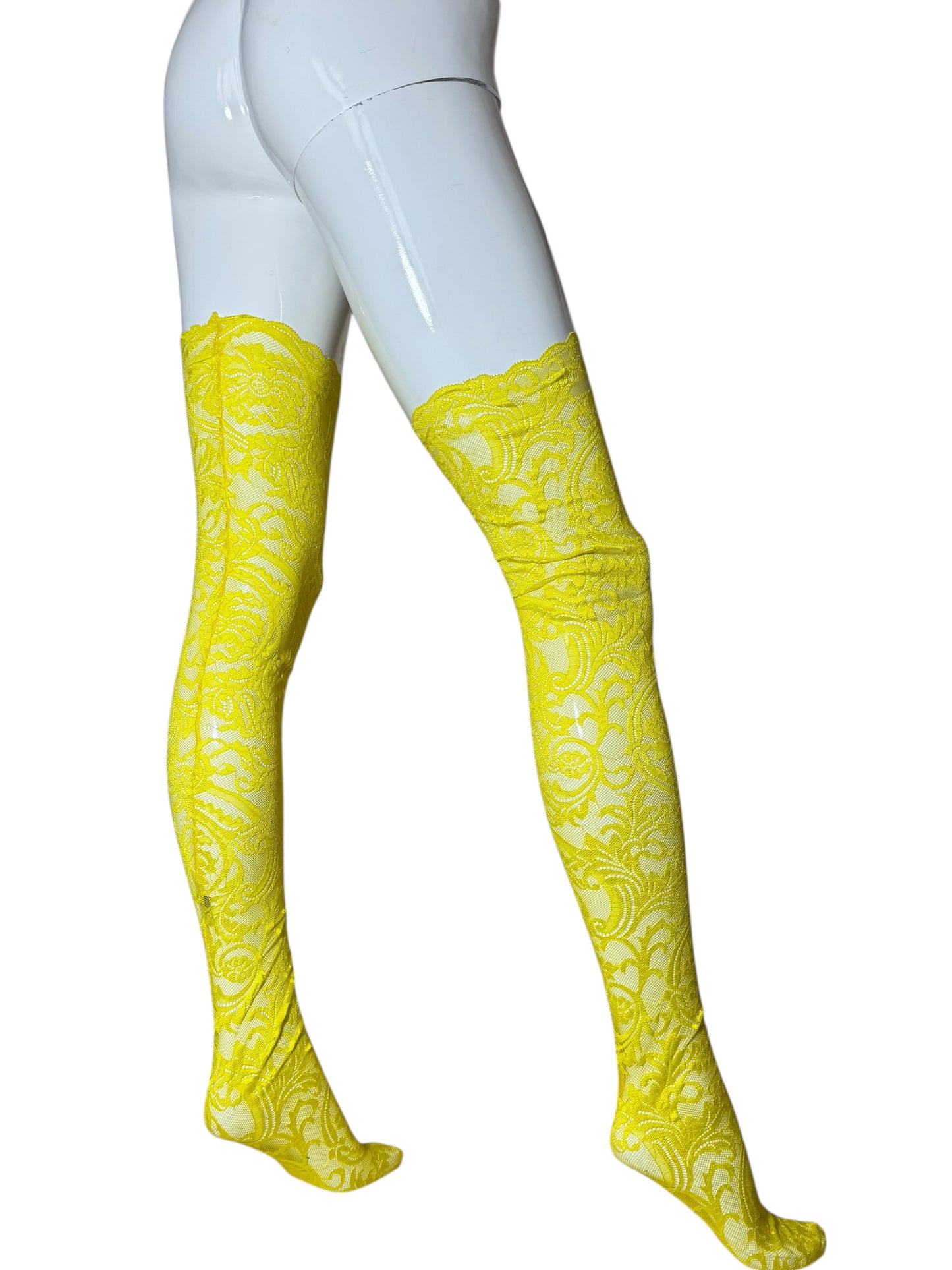 Collant autoreggenti gialli in pizzo Barocco Versace – Taglia M