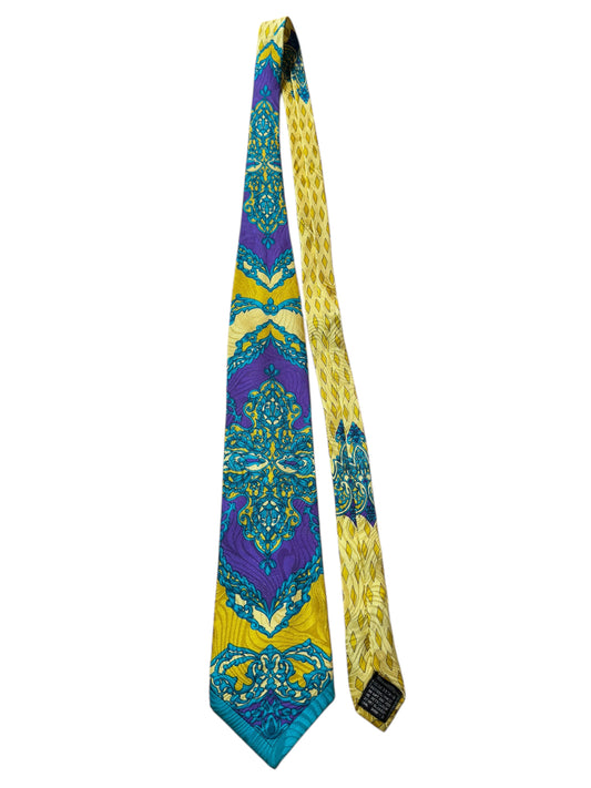 Cravatta Gianni Versace vintage seta stampa barocca giallo viola turchese