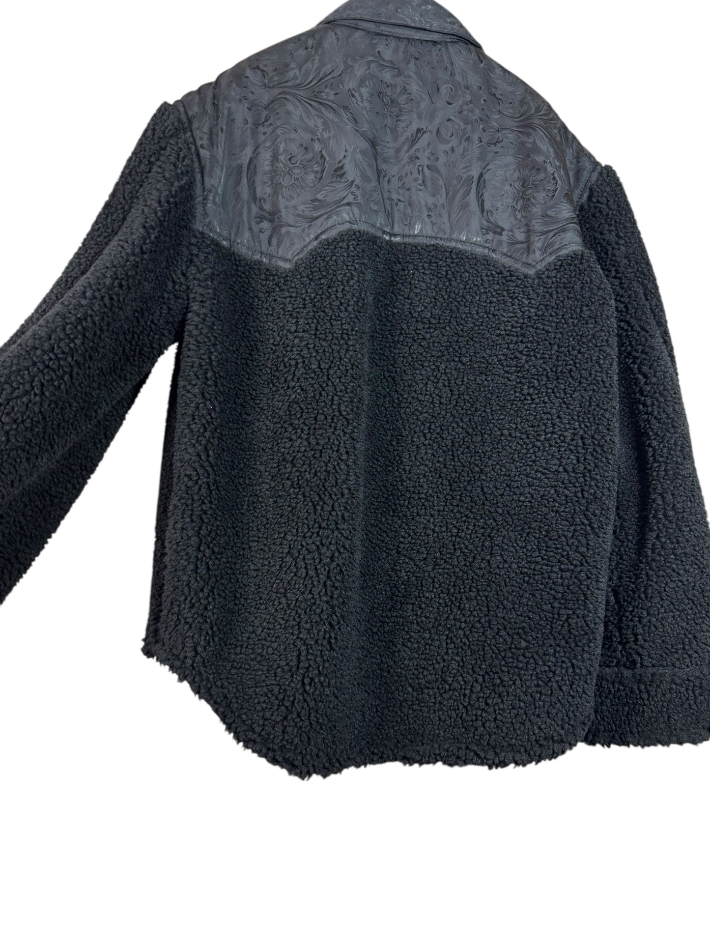Giacca Versace nera in eco shearling con inserti jacquard