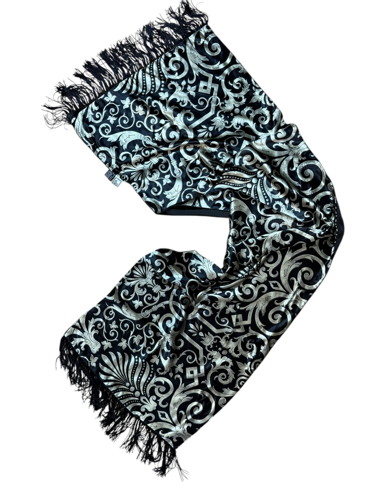 Sciarpa Gianni Versace Vintage in seta e cupro – Baroque Nero/Oro – Frange