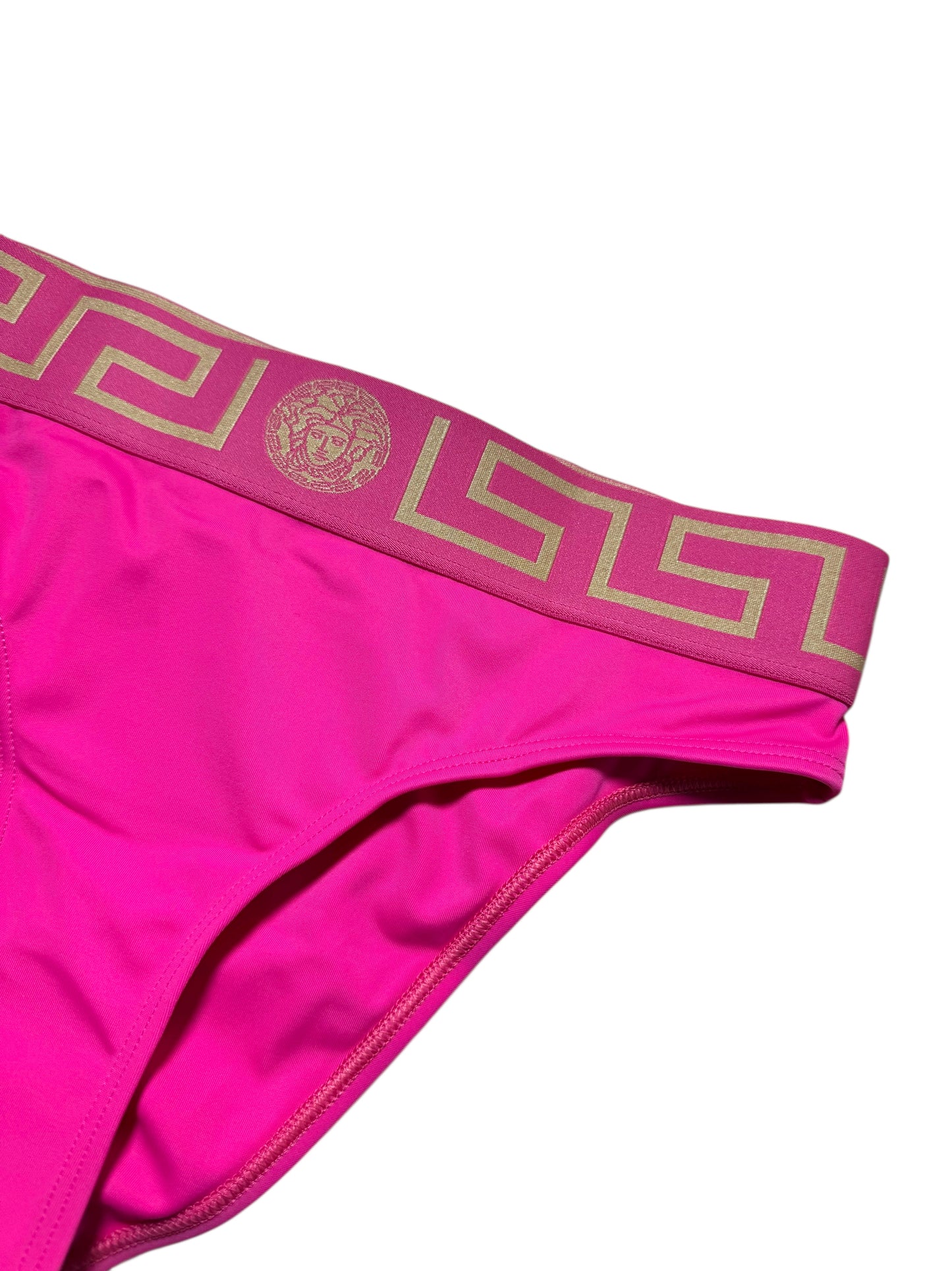 Costume da bagno donna VERSACE fucsia – Slip con fascia Greca dorata – Taglia 1