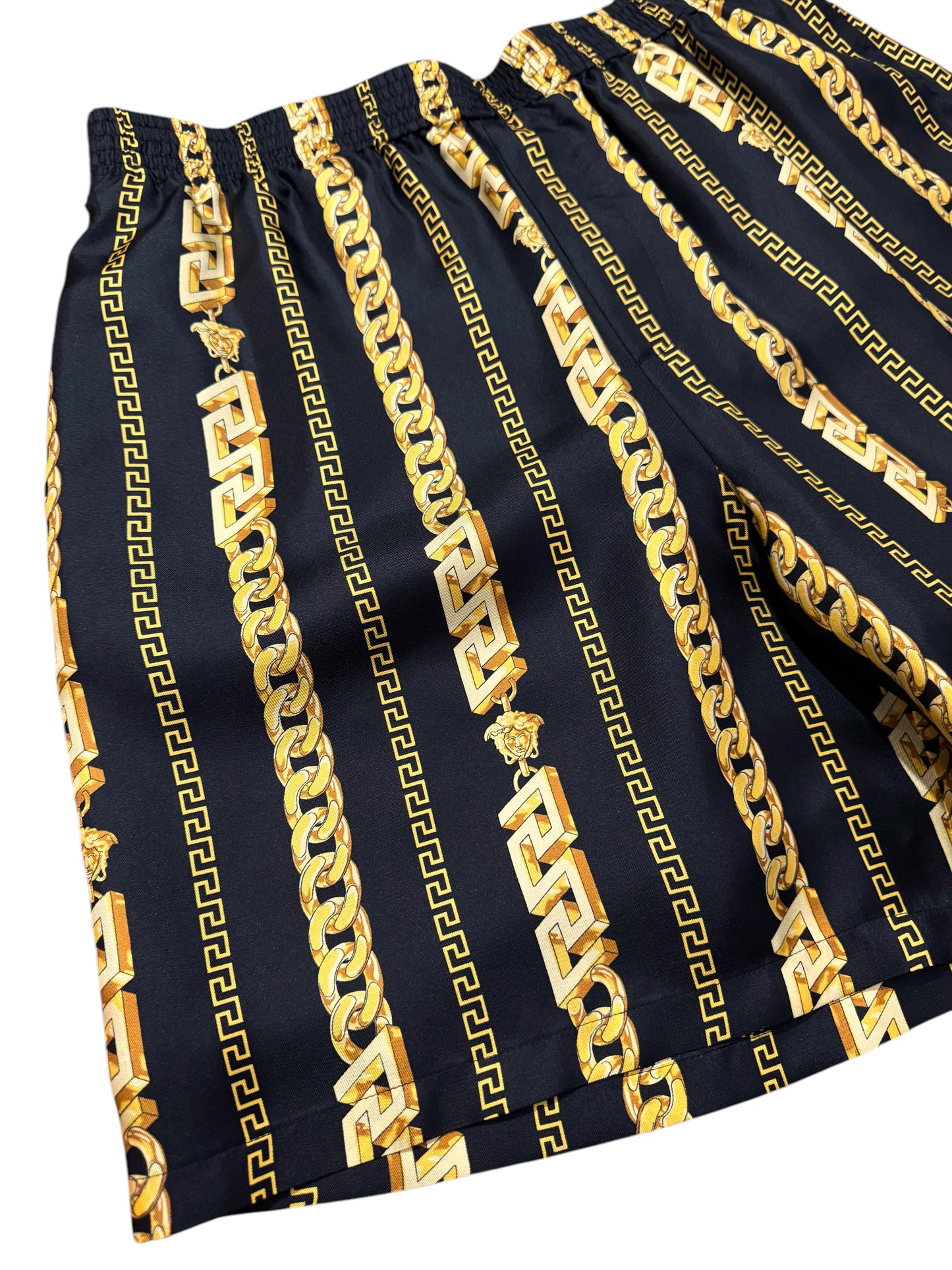 Pantaloncini Gianni Versace in seta con stampa barocca e motivo catena - Taglia 52