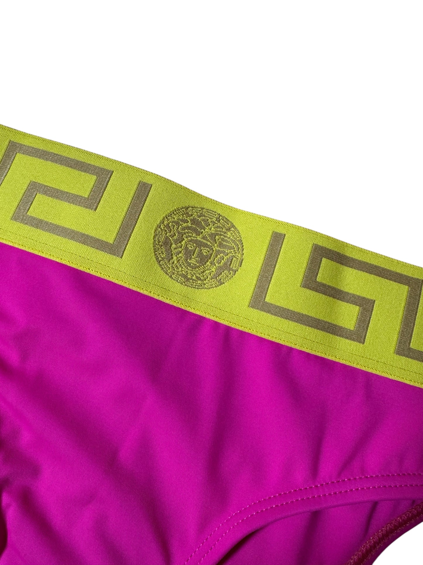 Slip bikini donna Versace fucsia con fascia Greca gialla/oro - Taglia 1 (XS) - Made in Italy