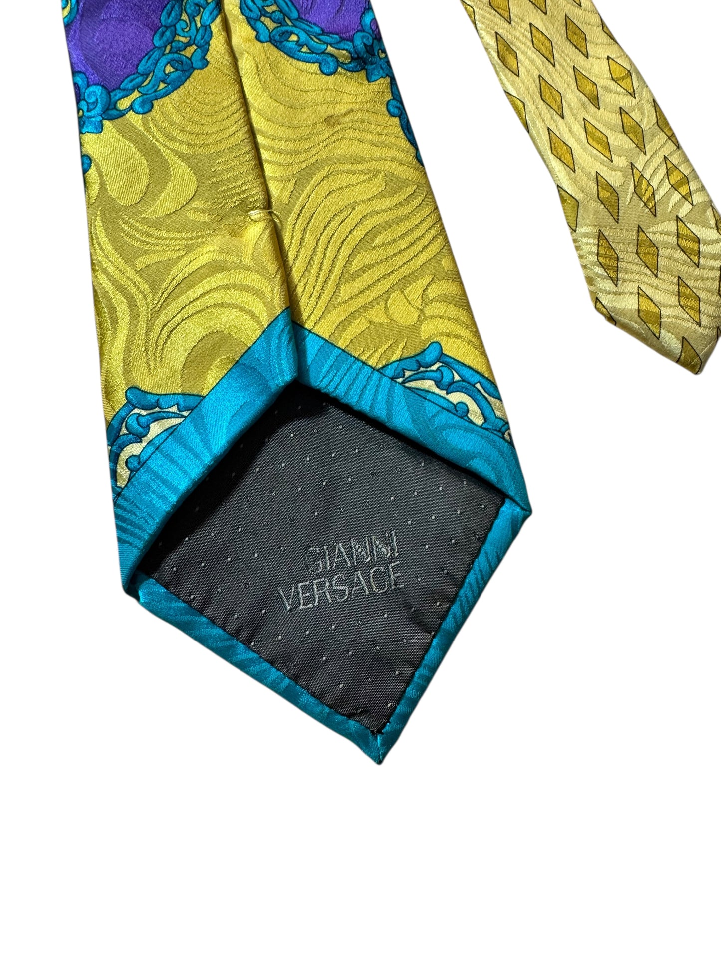 Cravatta Gianni Versace vintage seta stampa barocca giallo viola turchese