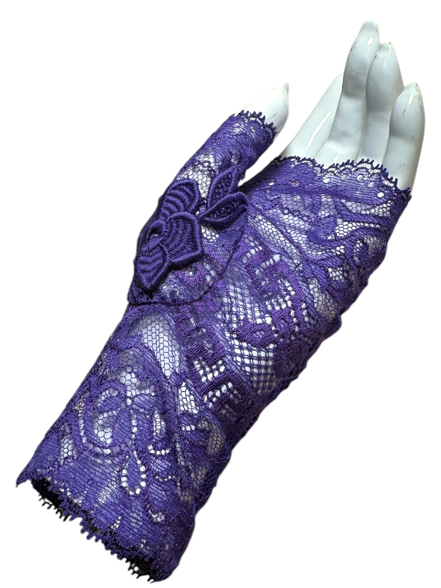 Guanti pizzo viola Versace – Ricamo floreale – Taglia 7,5 (M) Made in Italy