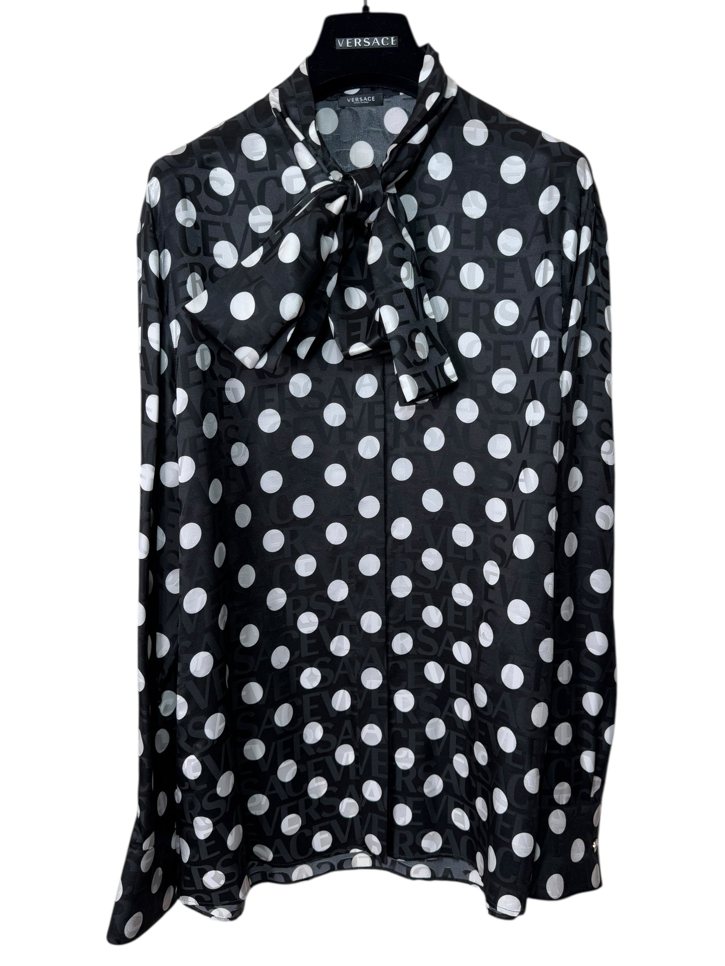Camicia Versace pois con fiocco e logo jacquard nero bianco TG 38