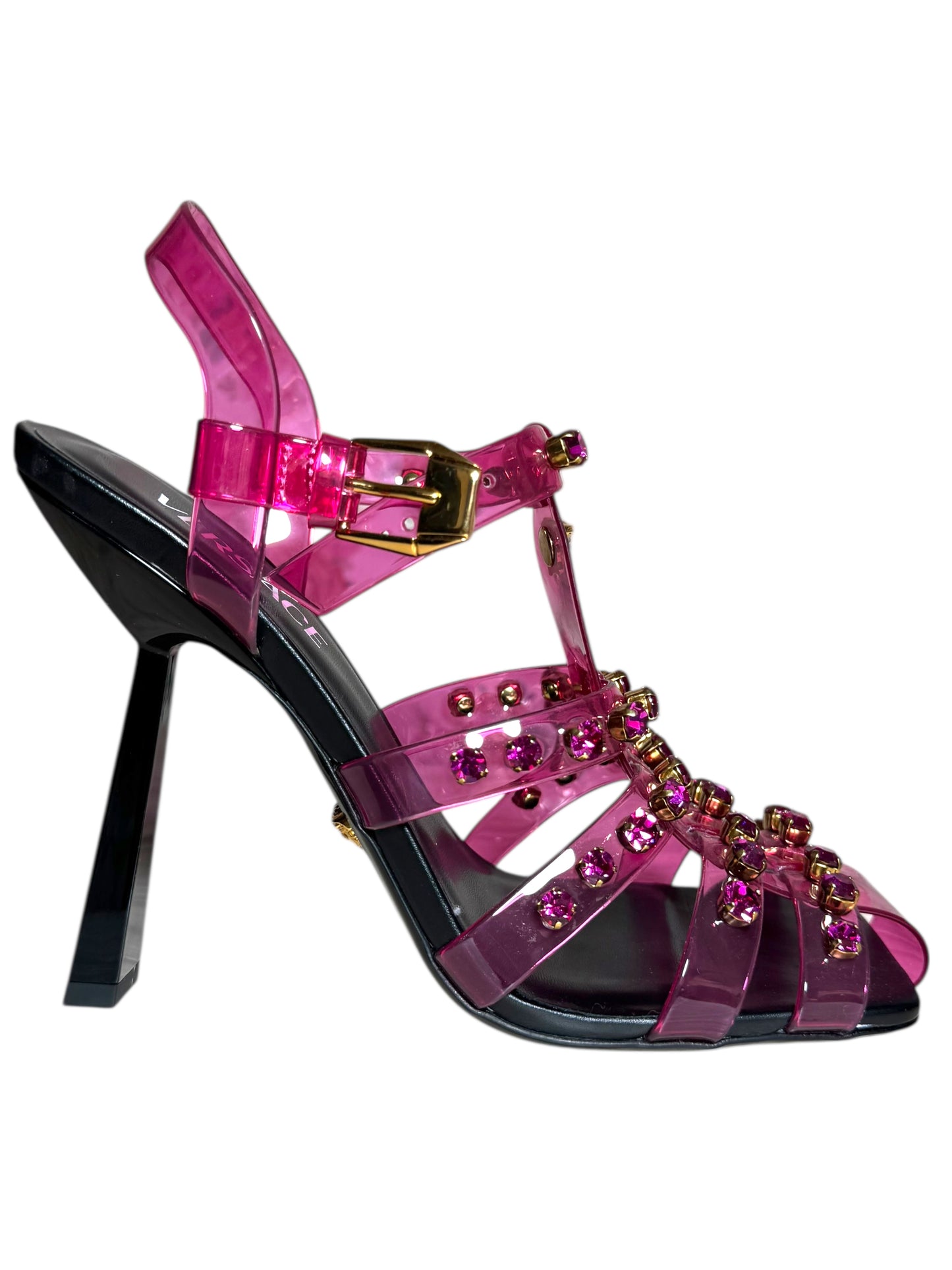 Sandali Versace in PVC rosa con cristalli e borchie Medusa – Taglia 39 IT – Made in Italy