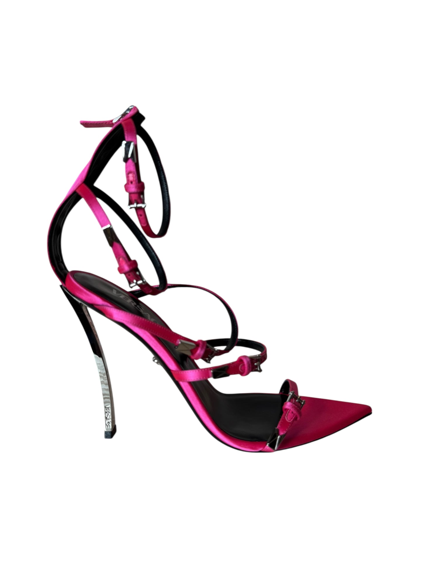 Sandali donna Versace satinati fucsia con tacco a spillo in metallo – Taglia 40