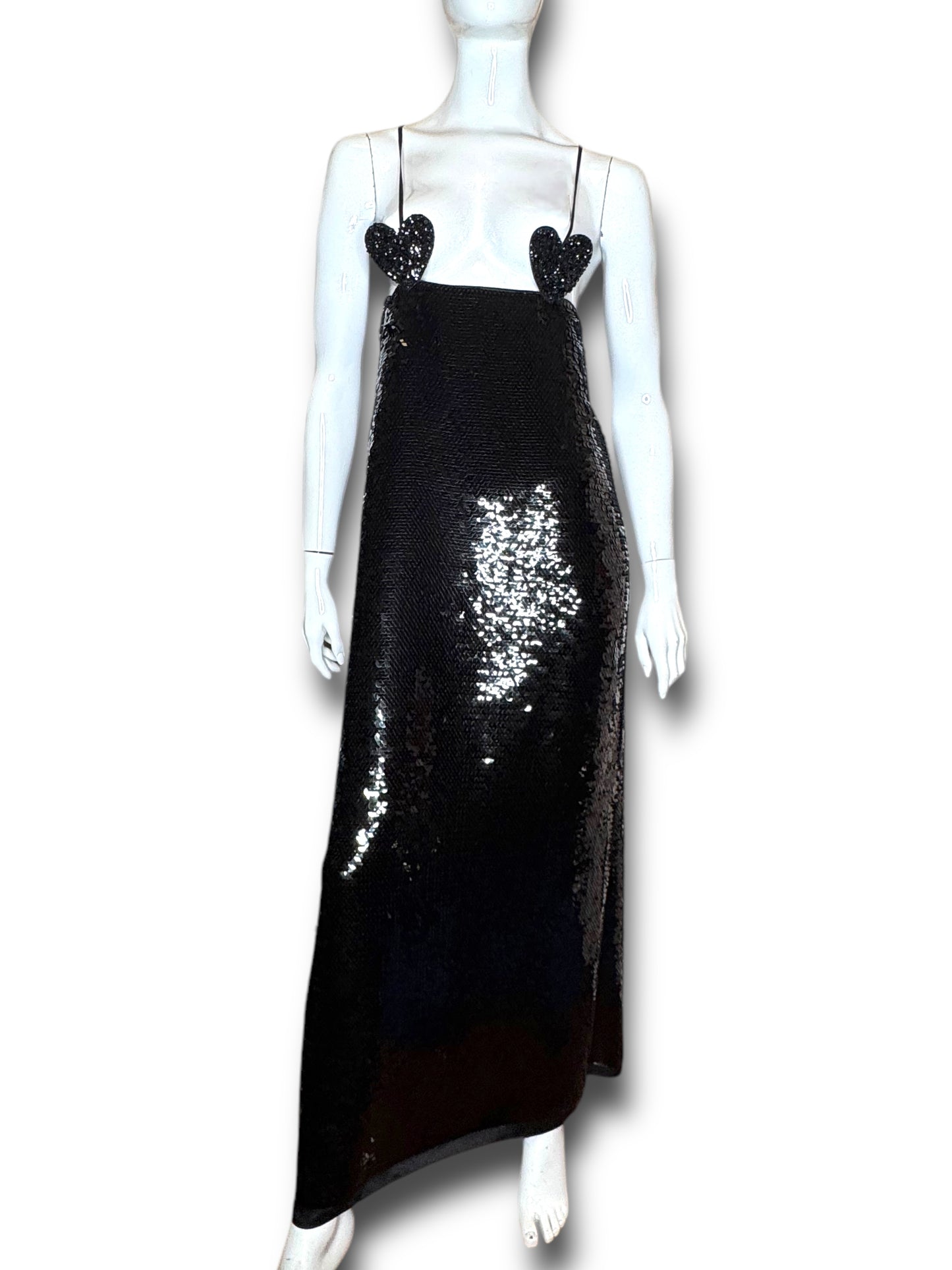 Abito lungo Gucci in seta con paillettes nere e dettagli cuore Made In Italy