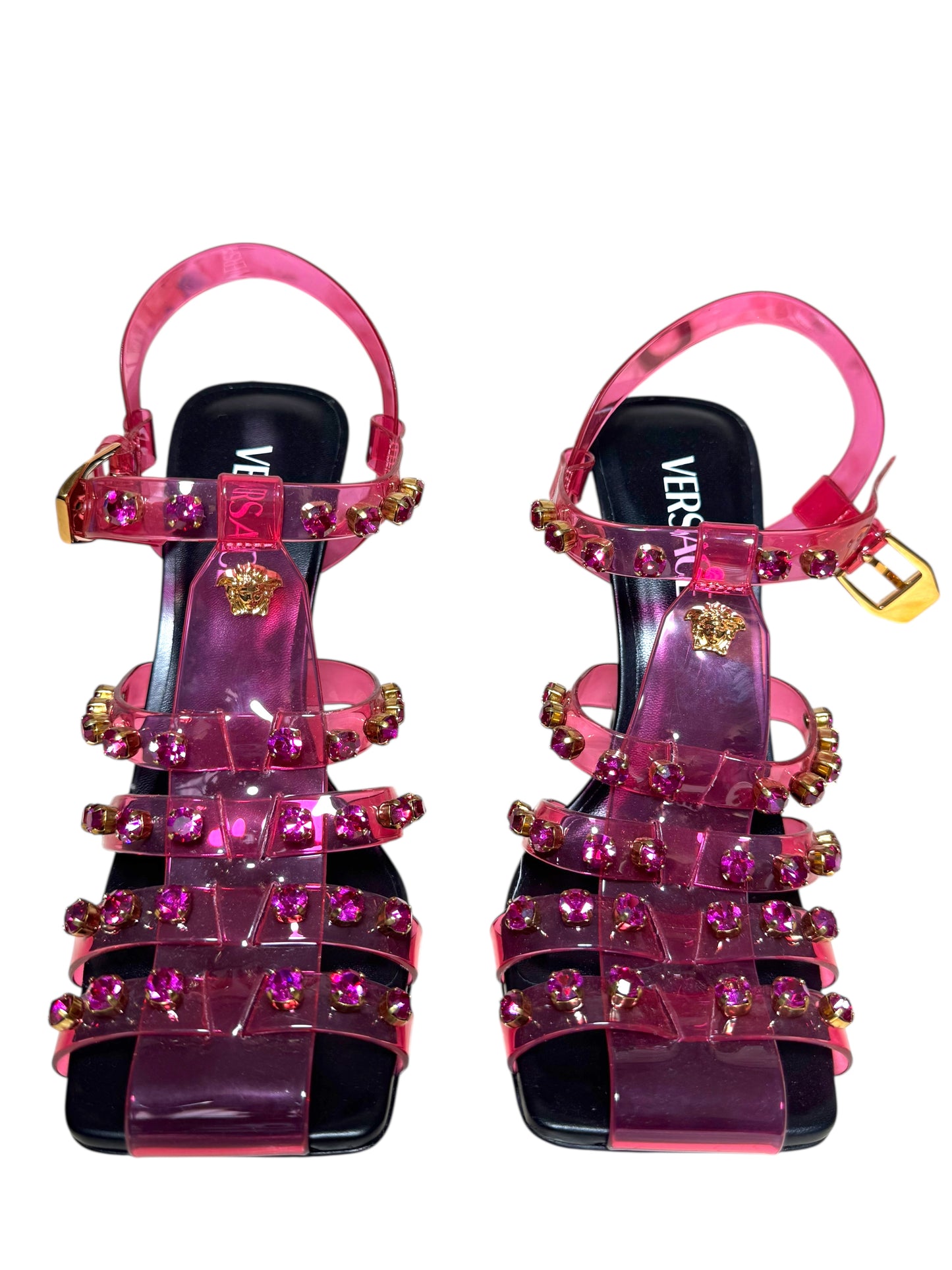 Sandali Versace in PVC rosa con cristalli e borchie Medusa – Taglia 39 IT – Made in Italy