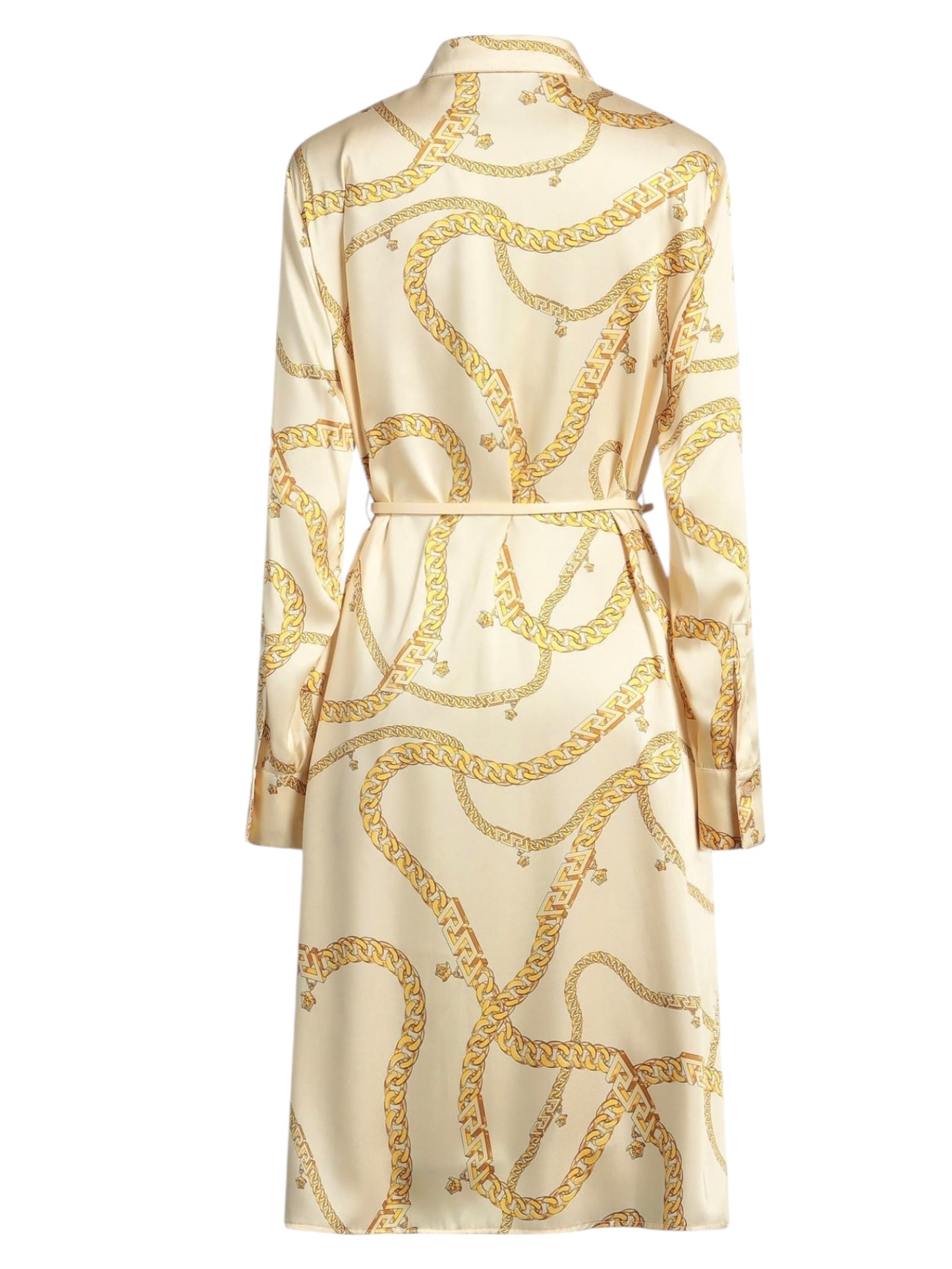 Abito chemisier midi Versace stampa catena oro con cintura Medusa, Made in Italy